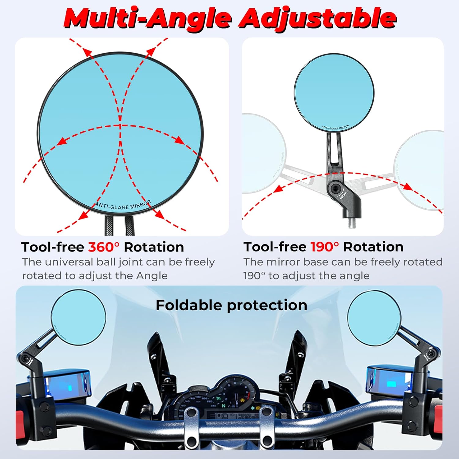 Aluminum Alloy Rainproof Foldable Motorcycle Mirrors with M8 M10 Bolts, CNC Machined Anti-Glare Blue Lenses Rear View Mirrors, Multi-Angle Adjustable for Motorcycle ATV Moped Scooter Cruiser