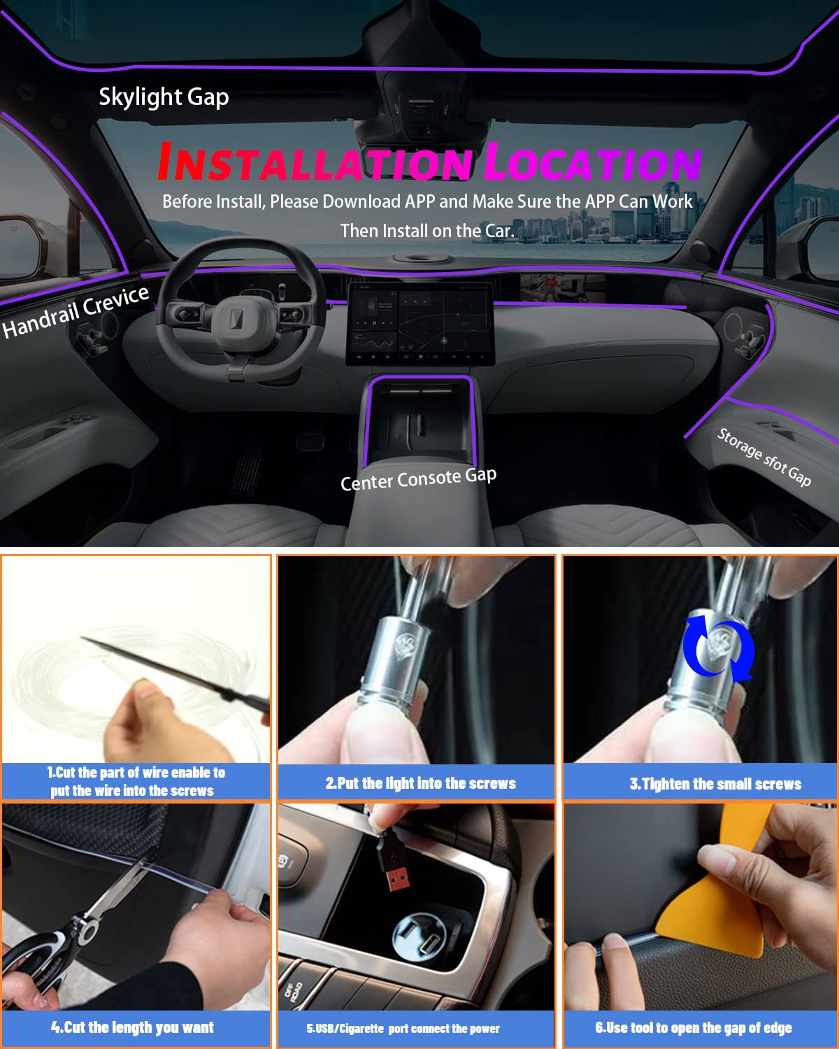 Striscia LED per interni auto, controllo tramite applicazione, illuminazione 5 in 1 con fibra ottica RGB da 6 m, 16 milioni di colori, sincronizzazione con musica