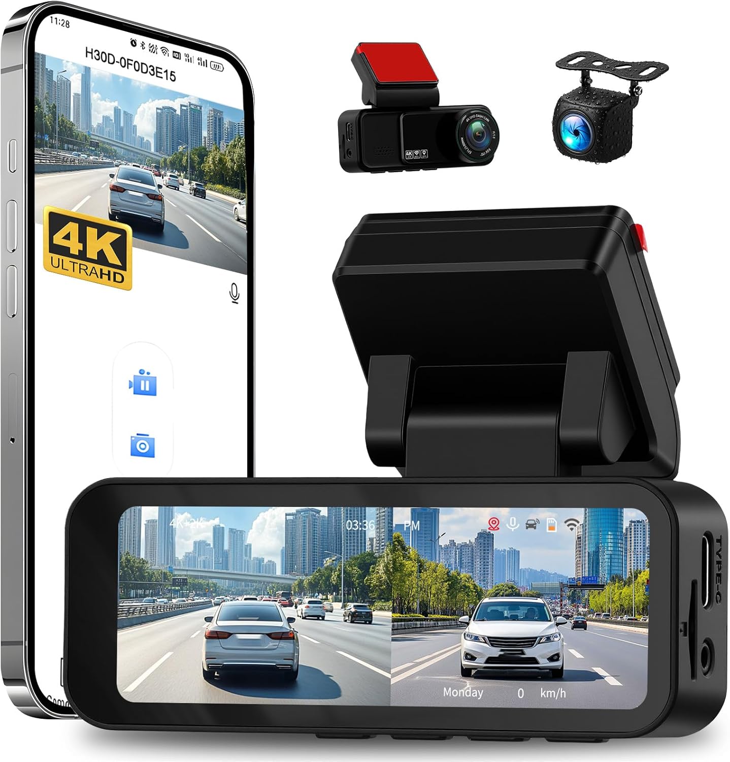 4K Dual Dash Cam Front and Rear, 4K+2K FHD Car Camera,Dash Camera for Cars Car Camera with GPS WiFi App Control 150° Wide Angle Night Vision G-Sensor Loop Recording 24H Parking Monitoring
