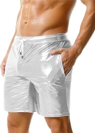 SEAUR Mens Shiny Metallic Mesh Shorts Sexy Breathable Comfortable Club Sport Shorts