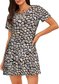 Pijama flexible con estampado de piedras guijarros, longitud hasta la rodilla, camisón para el hogar, vacaciones, sencillamente práctico, color negro, Negro -, M