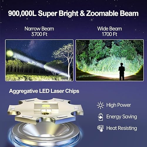 Miniatura 2 de Linternas recargables de alto lúmenes 900,000L (2 paquetes), 5 modos de luz LED súper brillante de mano con batería con luz lateral COB, carga USB