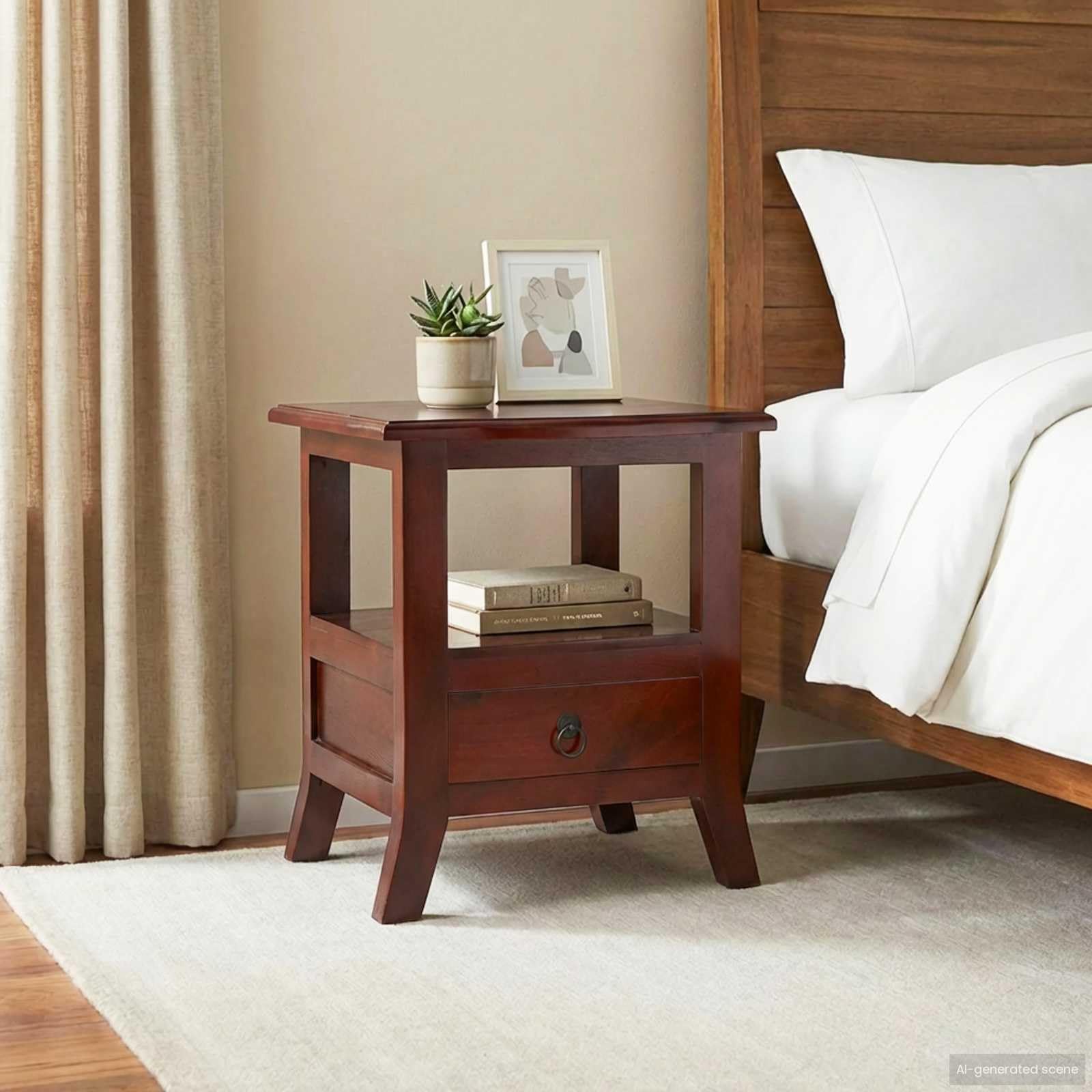 Table de chevet marron acajou pour une chambre cosy et ordonnée