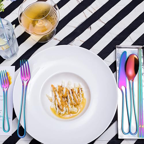 Miniatura 5 de AARainbow - Juego de cubiertos de acero inoxidable de 6 piezas, transportables, reutilizables, utensilios de viaje, incluye palillos, cuchillo,