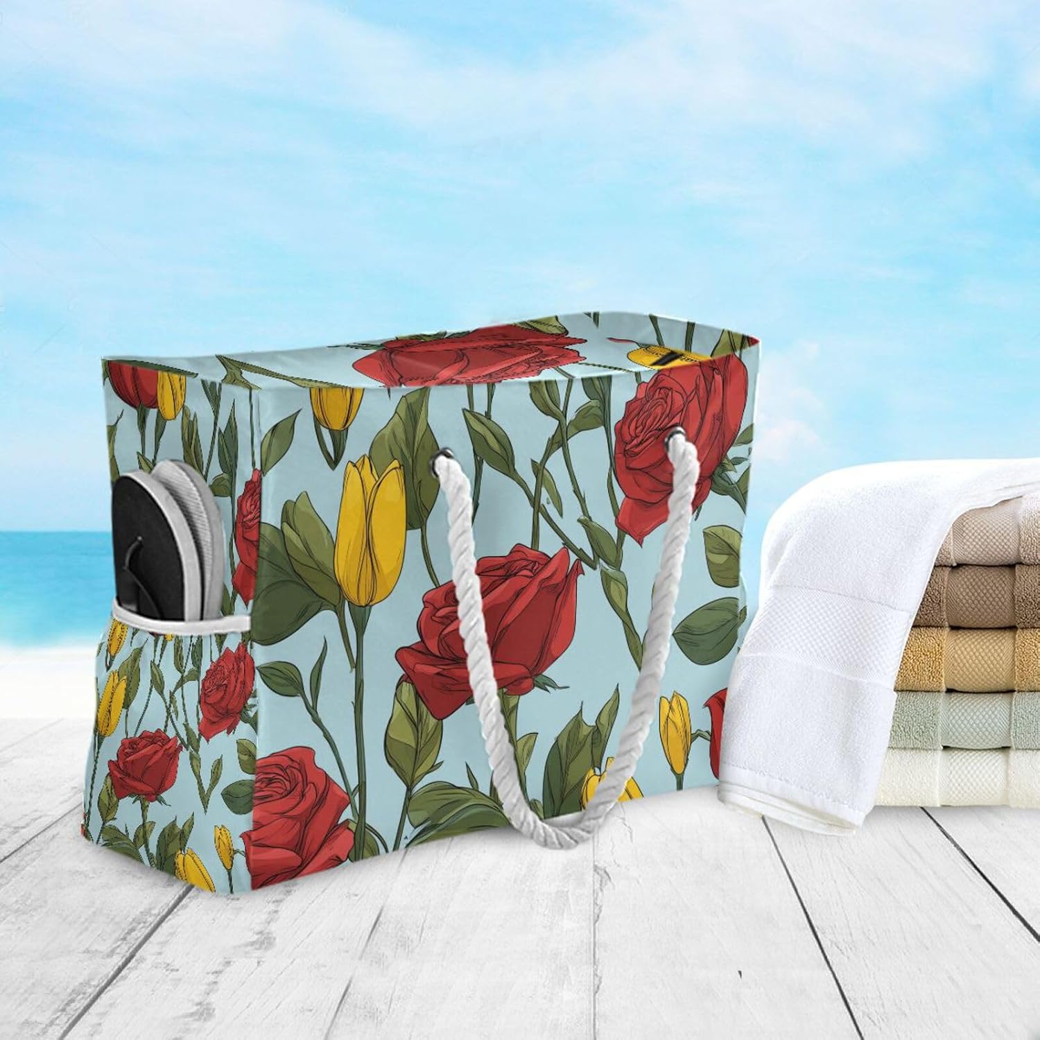 OTVEE Yellow Tulips and Roses Pattern Beach Bags for Women Ladies Large Canvas Tote Shoulder Bag Waterproof Travel Bags for Gym Swim Pool Camping