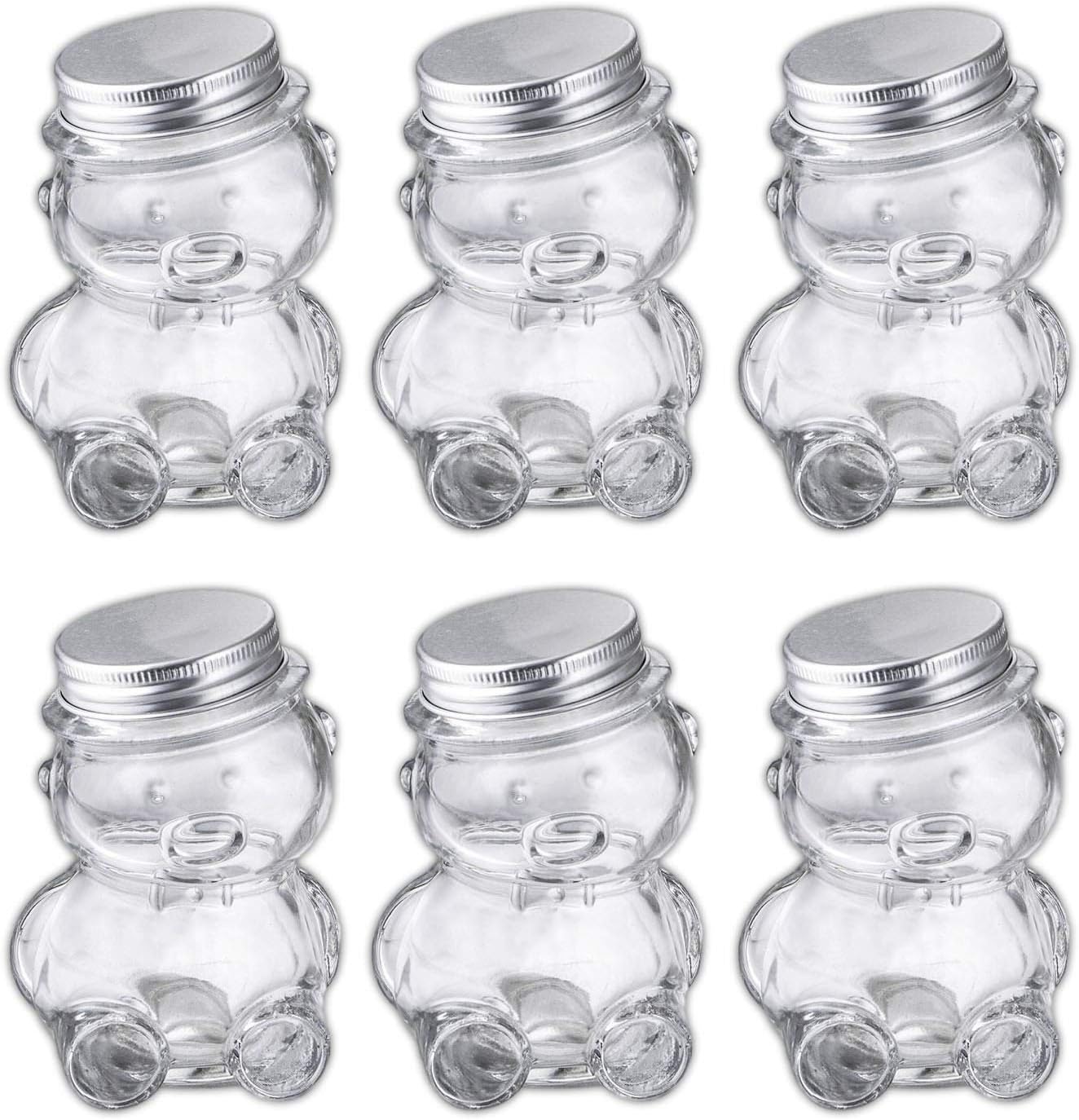 Set of 6 Mini Glass Teddy Bear Jars, 4"
