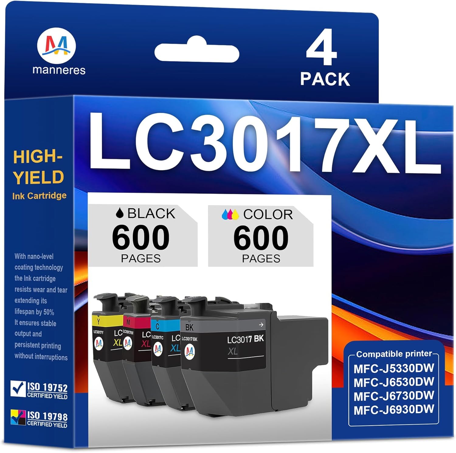 LC3017XL High Yield Ink Cartridges Replacement for Brothe LC3017 LC3017XL Work with MFC-J5330DW MFC-J6530DW MFC-J6730DW MFC-J6930DW Printer (1Black/1 Cyan/1 Magenta/1 Yellow)
