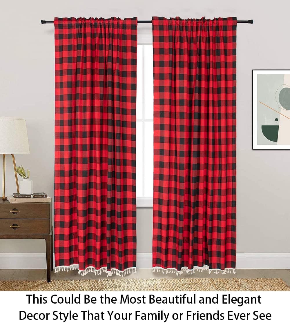 ShinyBeauty Red and Black Buffalo Plaid Kitchen Curtains - 2 Panel Farmhouse Checker Tassel Rod Pocket Blackout Room Darkening Window Curtains - 63 Inch Length - Buffalo Plaid Christmas