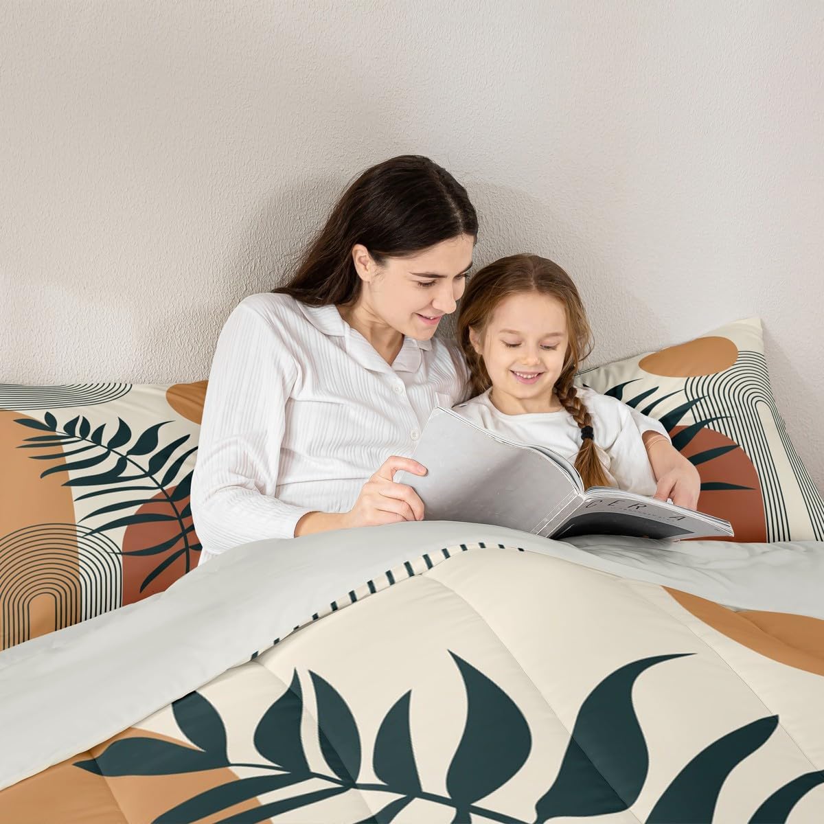 Boho Sun and Leaves Kids King Comforter Sets,Mid Century Modern Bedding Set for Adults Men Teens Woman,Abstract Geometric Lines Quilt Set 3 PCS,Modern Minimalist Duvet Insert,2 Pillow Cases