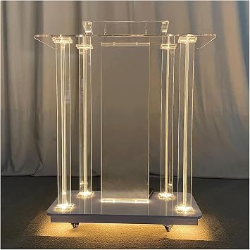 JITEM Atril Podium Tempered Clear Glass Podium w/Lights Acrylic Pulpits for Churches Portable Rolling Podium Stand Reception Guest Table Welcome Desk for Lecture Recital Speech Soporte de Podio