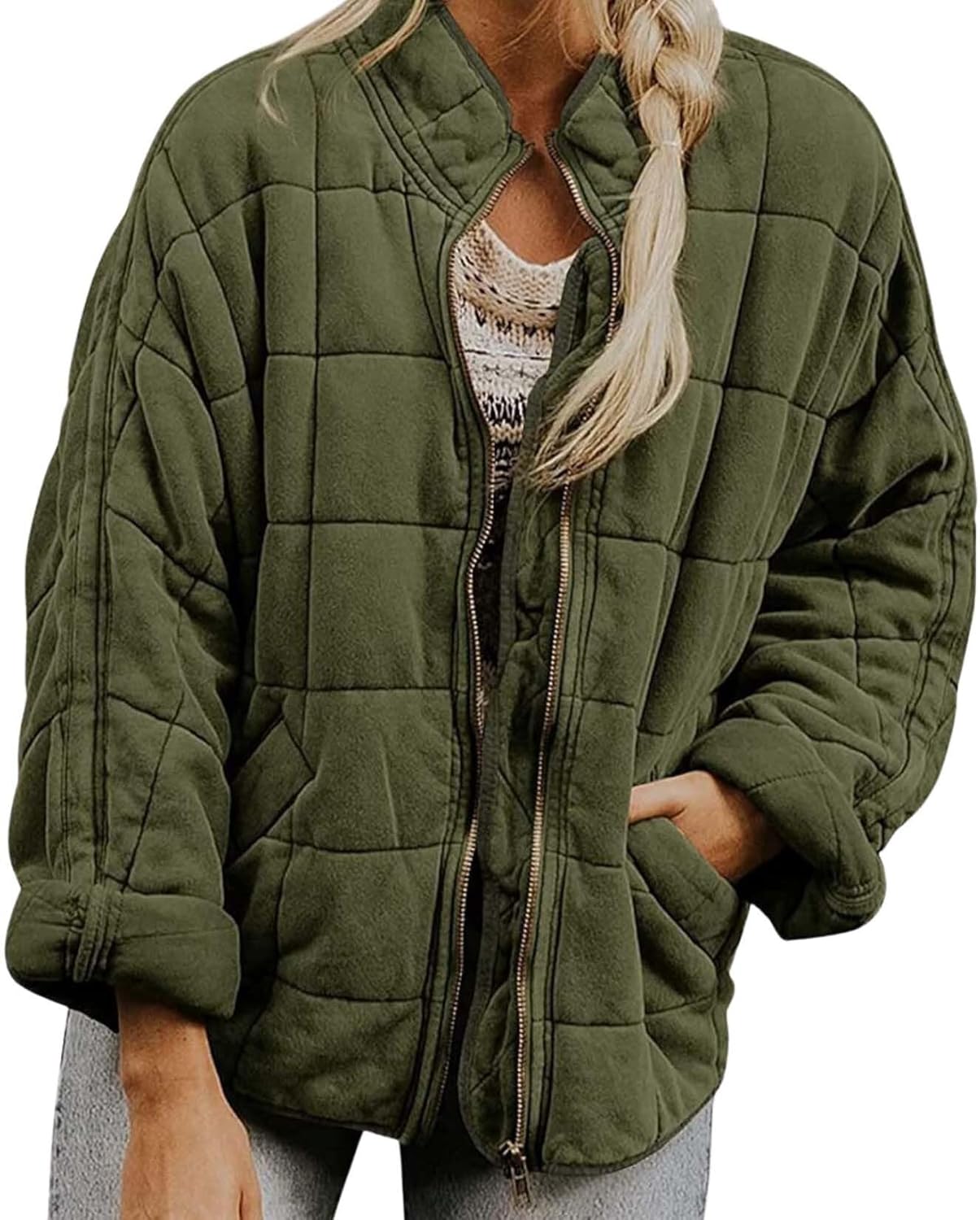 Womens Funky Casual Lightweight Stand Up Collar Long Sleeve Oversized Zipper Jacket With Warm Outer Pockets