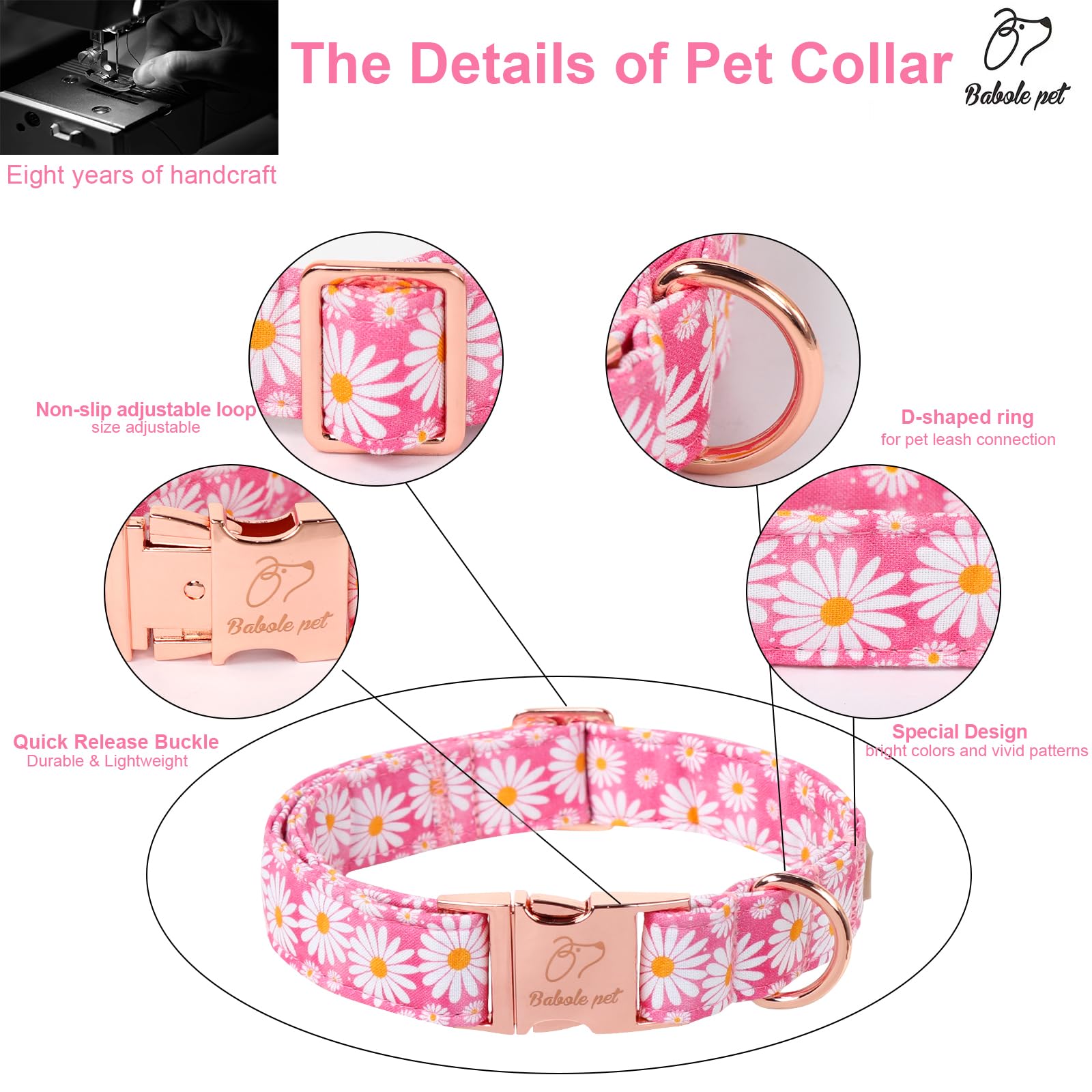 Hundehalsband, Sommer, rosa Gänseblümchen, mit Sicherheits-Metallschnalle, verstellbar, Welpenhalsbänder für kleine, mittelgroße und große Hunde, Jungen und Mädchen, Hundehalsband, Geschenk, Halsband,