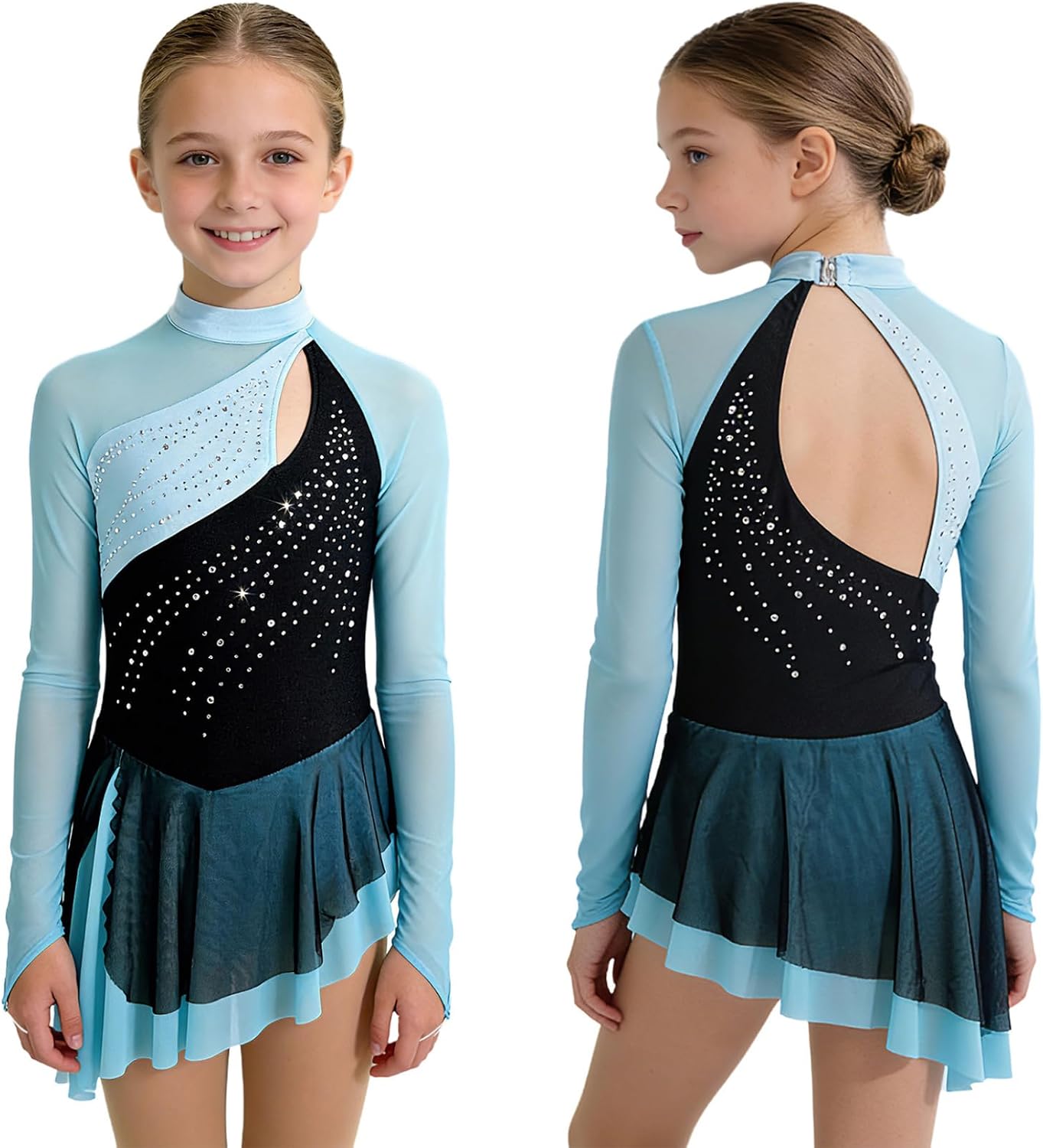 XUNZOO Girls Long Sleeve Figure Skating Dress Stage Performance Dance Gymnast Suit Ice Sport Event Wear