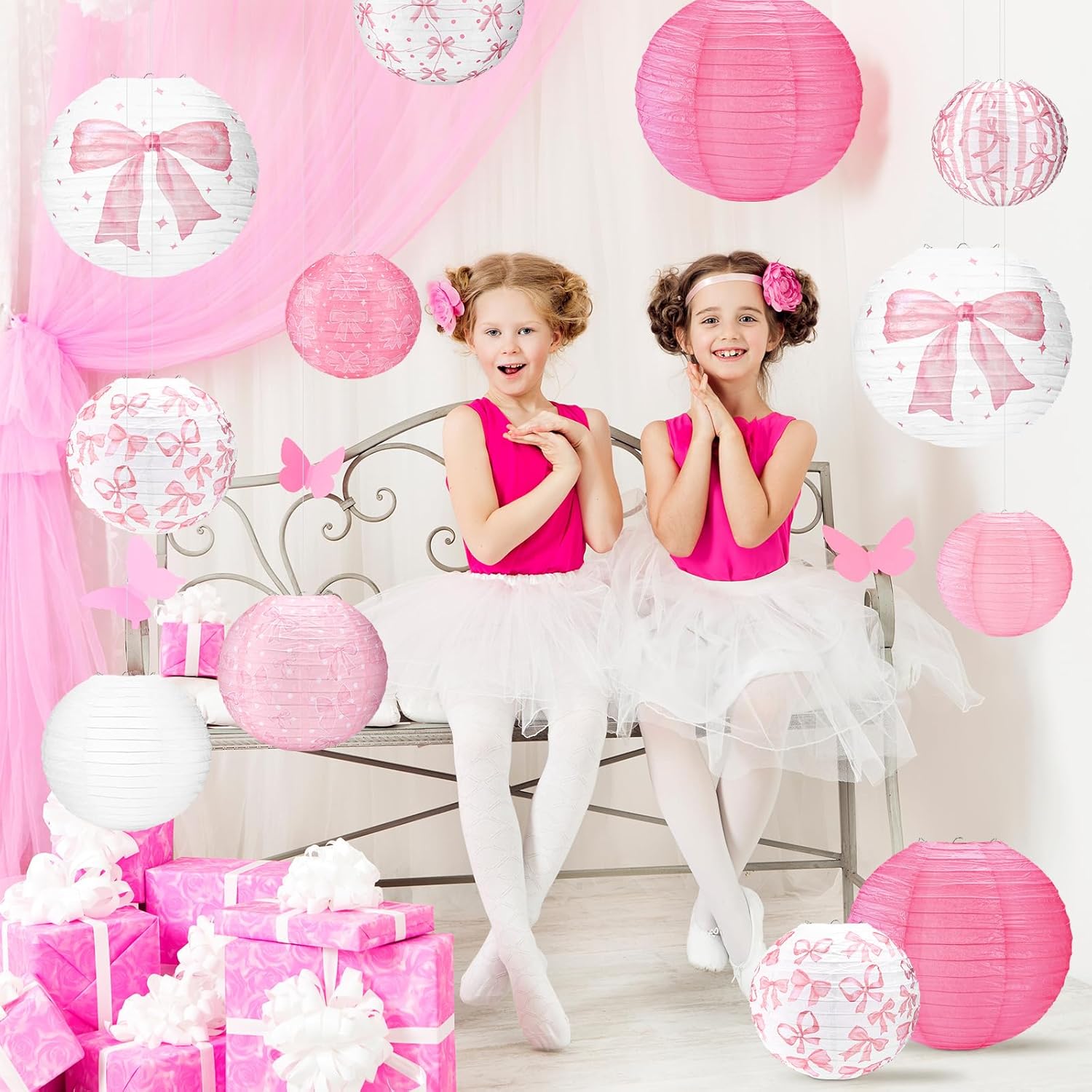 Glooglitter 12 Pcs Pink Bow Party Decorations Coquette Birthday Decorations Pink Bow Paper Lanterns Hanging Decor for Weddings Bachelorette Bridal Shower Engagement Party Supplies