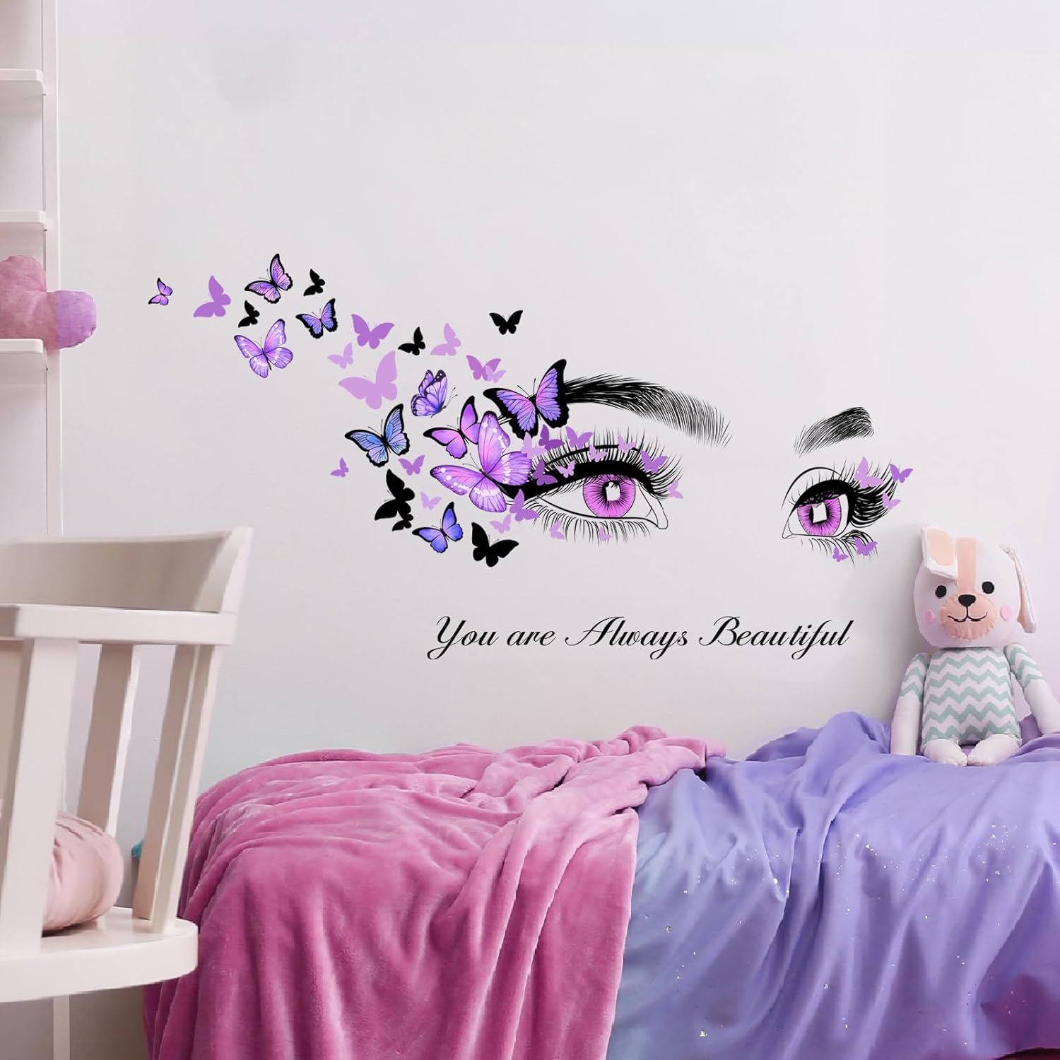Beautiful Eyelash Eyes Wall Stickers Flying Butterfly Wall Decals You are Always Beautiful Quotes Wall-Decor Vinyl Art Butterflies Decor Stickers for Women Girls Bedroom Living Room Decor