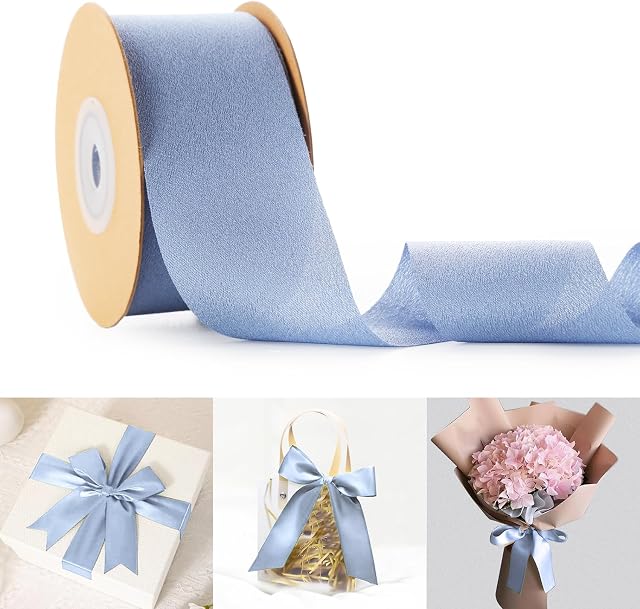 Double Face Satin Ribbon 38mm Wide Dusty Blue Satin Ribbon for Gift Wrapping, Wedding Decor, Bridal Flower Bouquets, Bows Making, Christmas Decoration, DIY Crafts - 22.86 Meters/Roll
