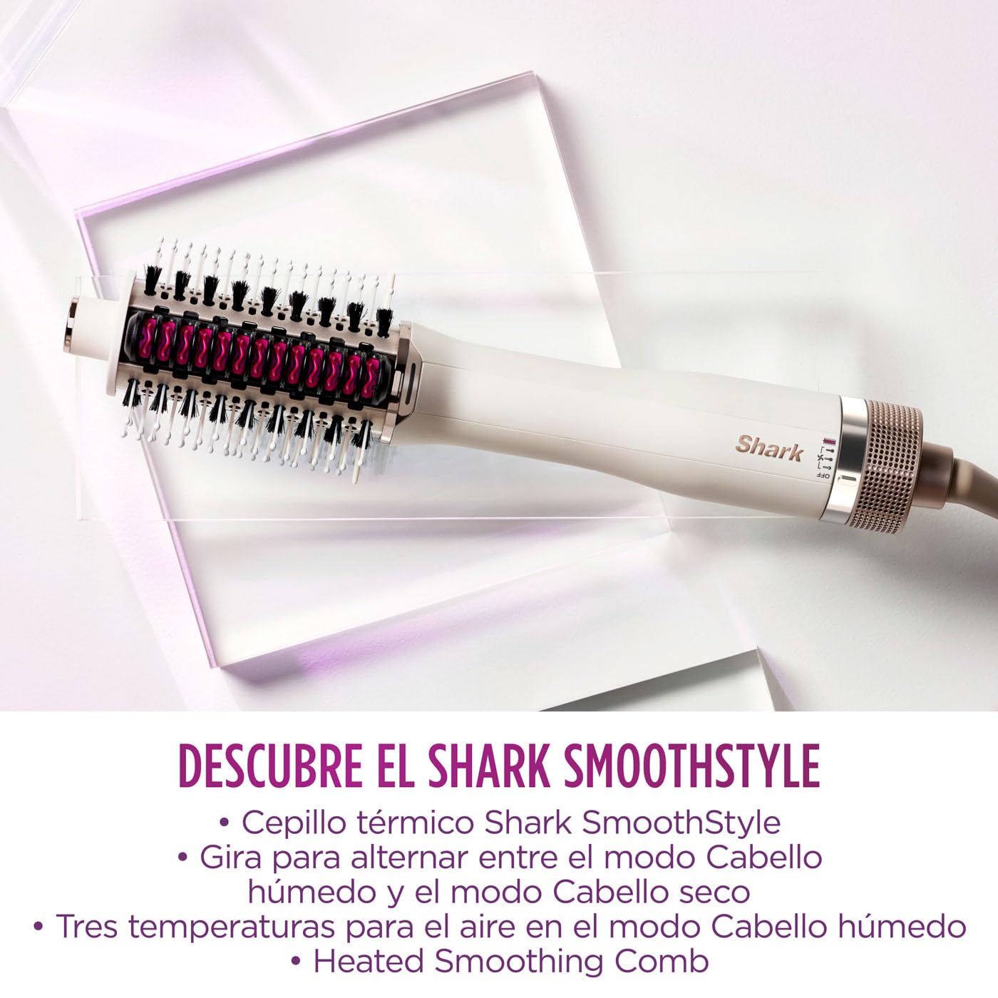 Cepillo y peine térmico alisador y moldeador Shark SmoothStyle, modos Seco y Húmedo, cepillo de aire caliente con 3 temperaturas, resultado suave y voluminoso para todo tipo de cabello, Seda HT202EU
