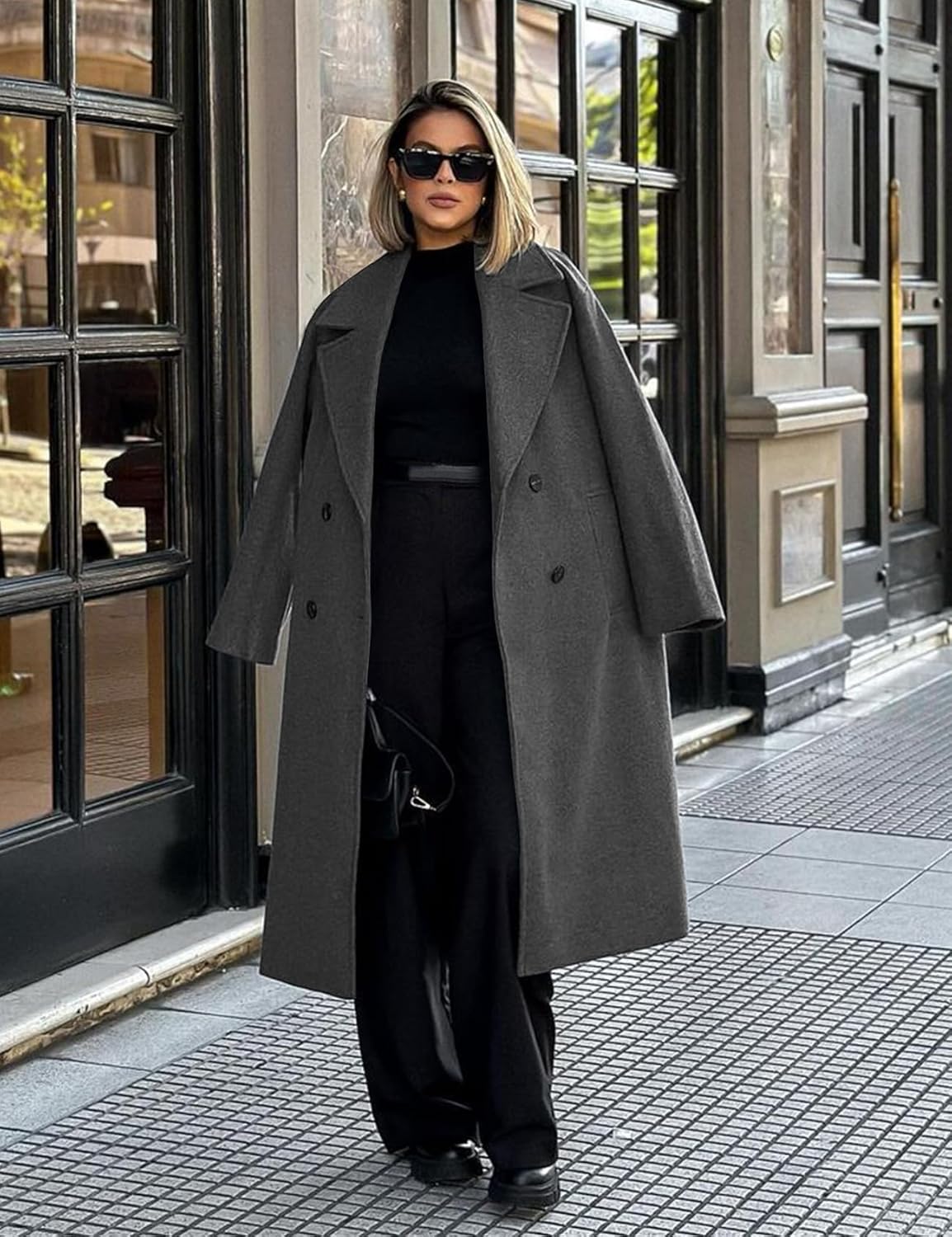 Kissonic Womens Long Pea Coat Winter Double Breasted Oversized Trench Coat Notch Lapel Overcoat Causal Dress Coat - Image 2