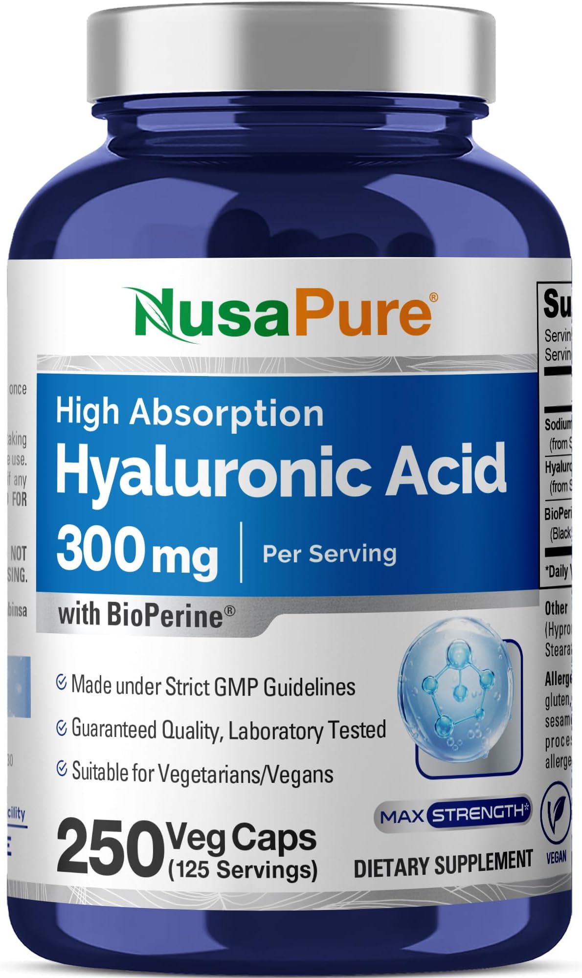NusaPure Hyaluronic Acid 300mg 250 Veggie Capsules (Non-GMO, Vegan)