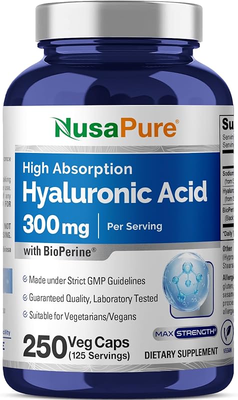 Hyaluronic Acid, Non-GMO, Vegan, 300mg, 250 Veg Capsules - 125 Servings | Plant Based Formula, Sodium Hyaluronate, BioPerine, Suitable for Adults, Manufactured in cGMP Registered Facility USA