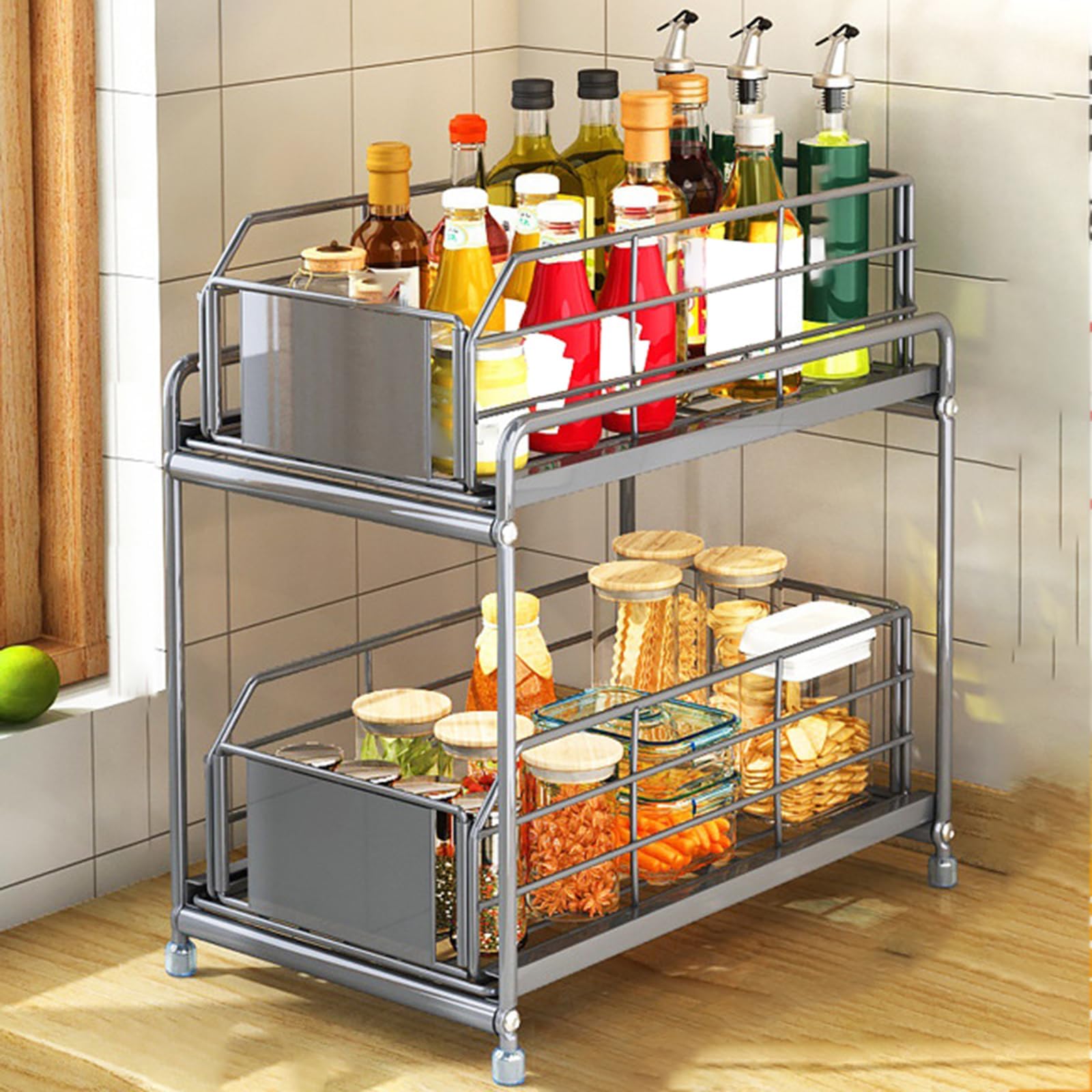 Pull Out Under Cabinet Storage Rack,Under Sink Organiser,Sliding Kitchen Storage Rack,Rust Proof And Durability,Suitable For Kitchen Cabinets,Bathrooms,Closets,Laundry