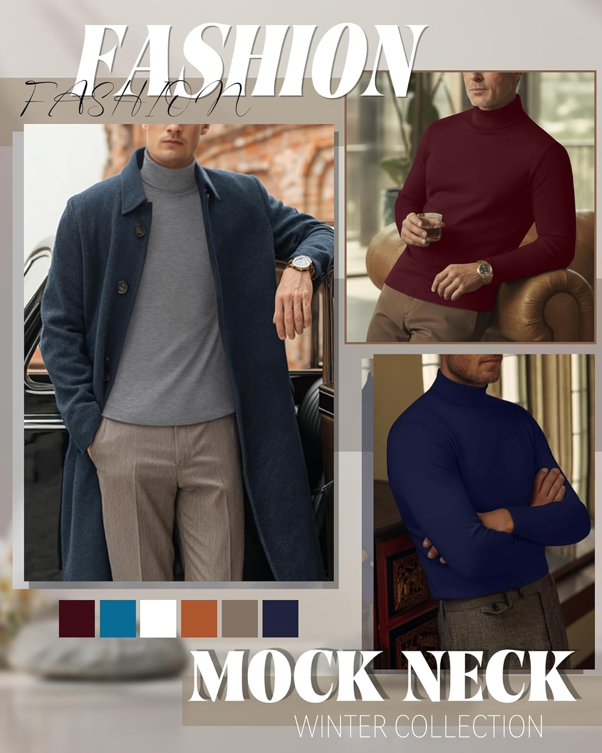 6 Pack Mens Big and Tall Turtleneck Shirts Long Sleeve Loose Fit Tops Basic Pullover Multipack Tees - Image 3