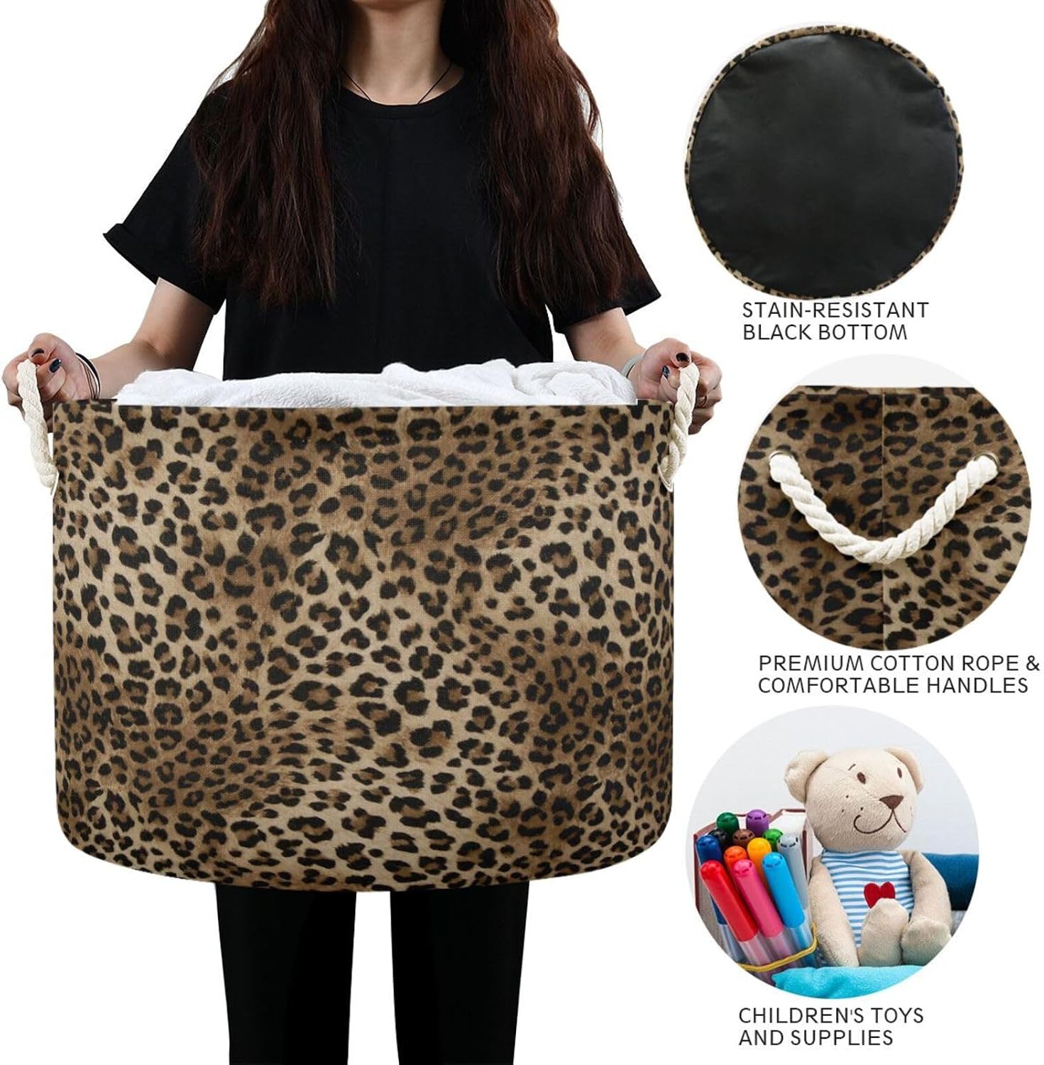 Leopard Print Round Storage Basket Collapsible with Handle | Cheetah Skin Animal Pattern Large Laundry Hamper Baskets, Clothes Organizer Bins for Bedroom Living Room Decor, 20"x 20"x 14"