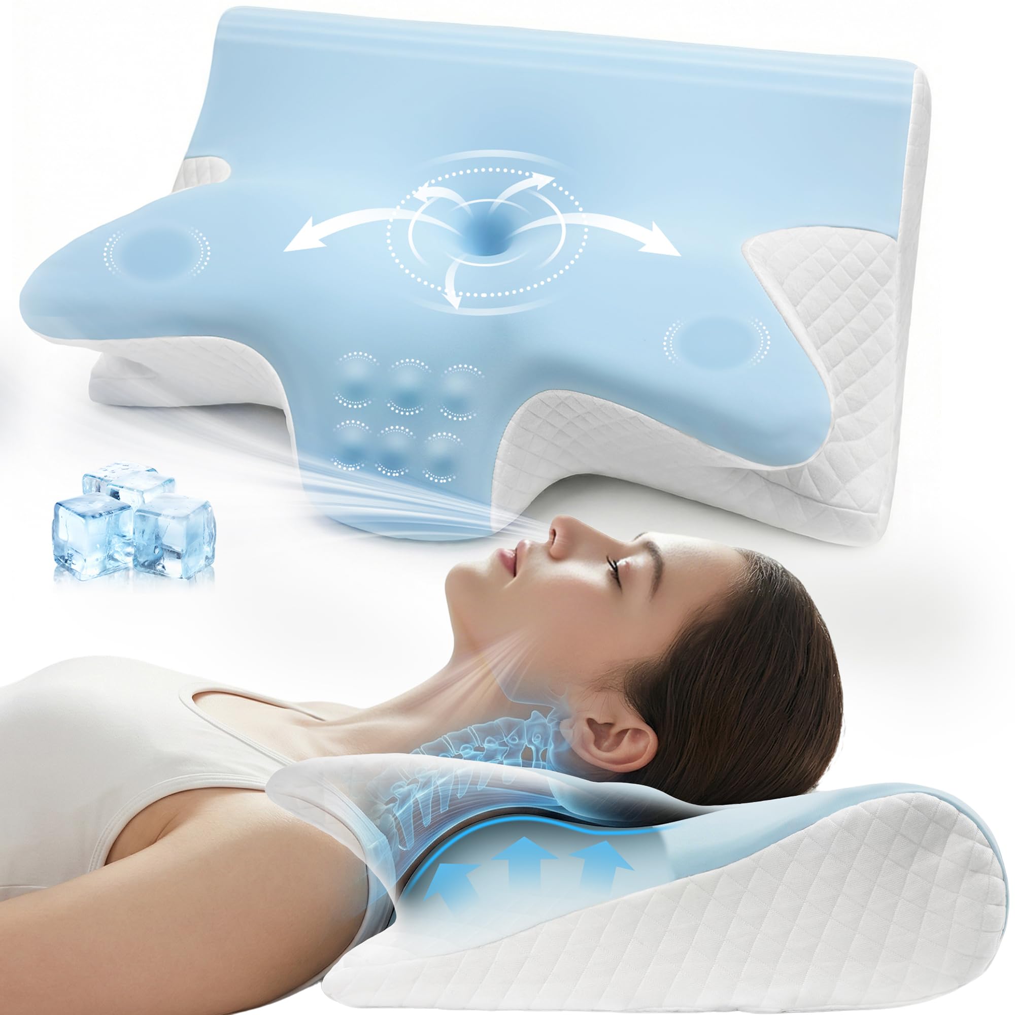 Almohada Cervical de Espuma Viscoelastica, Almohada Ortopedica para Soporte de Cuello, Almohadas Ergonómico para Dormir de Lado y Boca Arriba para Mejorar Calidad del Sueño, 62x42x13 cm (Azul)