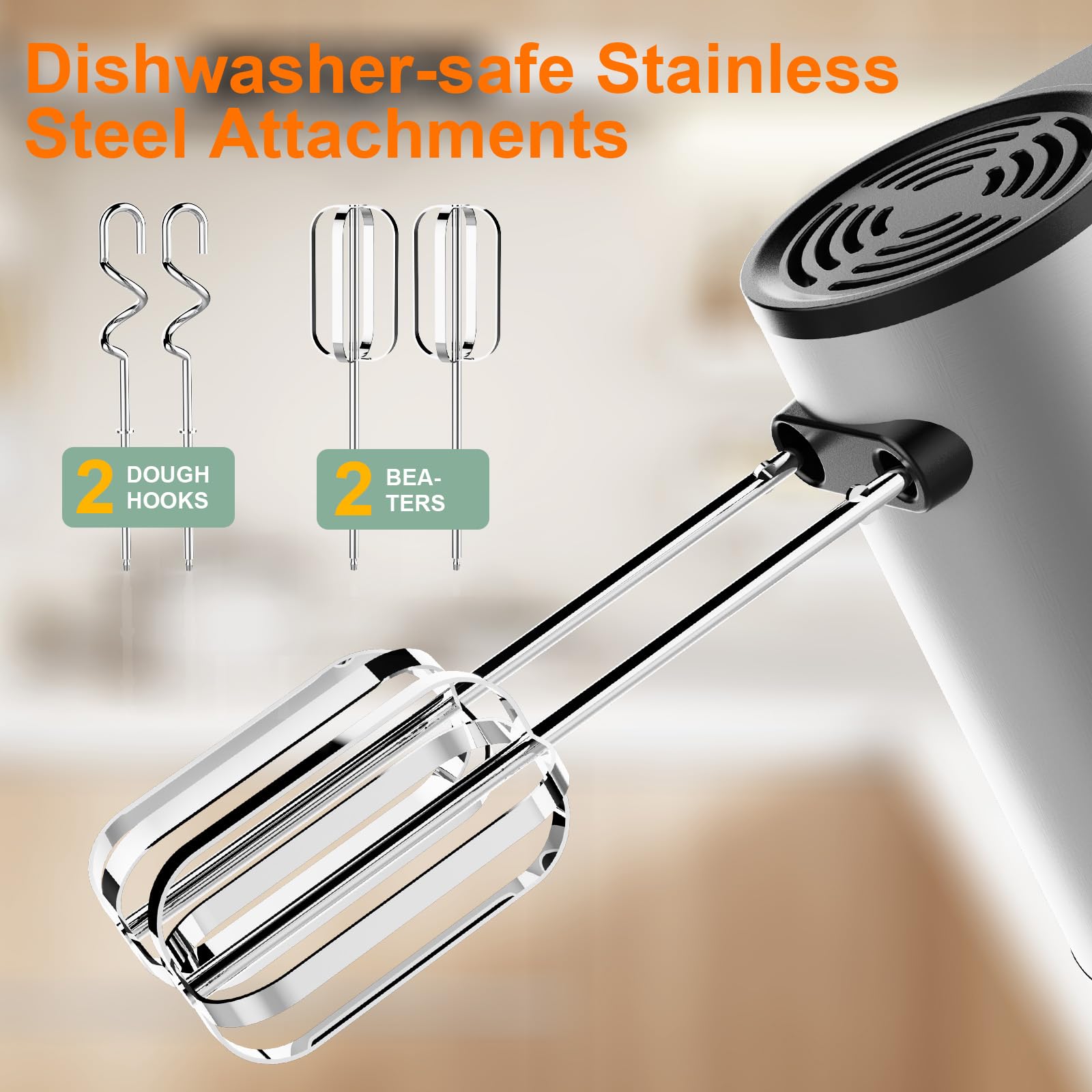 Mezclador de mano eléctrico, mezclador de mano de cocina de 600 W, velocidad Turbo Boost/autocontrol + 5 velocidades + botón de expulsión + batidores de mano de acero inoxidable x 2 y ganchos de masa