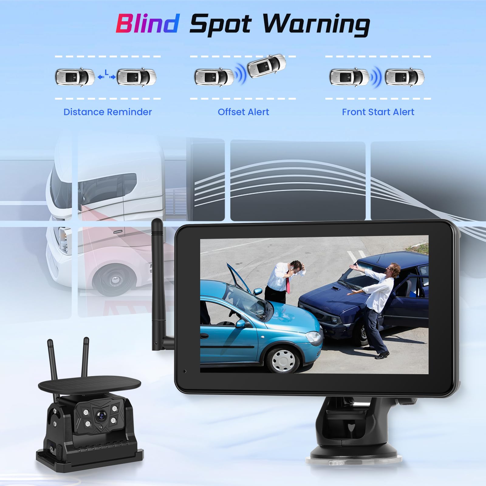 Telecamera di Retromarcia Solare Senza Fili Kit, 7 Pollici Monitor Touch Screen, 10000mAh Magnetica Tipo C Ricaricabile Telecamera Posteriore con Registrazione DVR BSD Visione Notturna Impermeabile