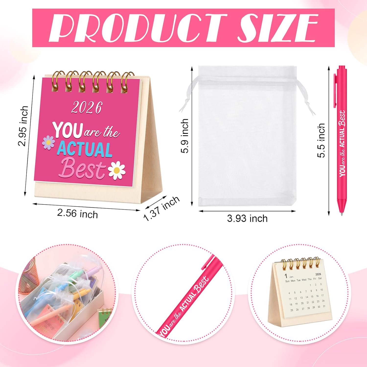 ReliThick 12 Sets 2026 Mini Desk Calendar Gifts Bulk Christmas Employee Appreciation Gifts Small Calendar with Pens Drawstring Bags Present for Coworkers Team Friends Family(Classic Style)
