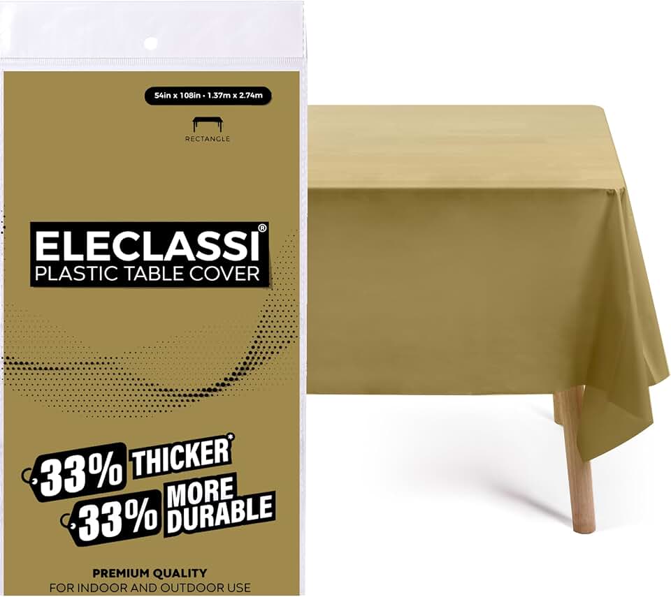 Pacote com 12 toalhas de mesa de plástico descartáveis premium Gold 137 x 274 cm - Toalhas de mesa de plástico para festas toalha de mesa descartável para mesa retangular de até 2,5 m - toalha de mesa retangular - toalha de mesa de plástico dourada