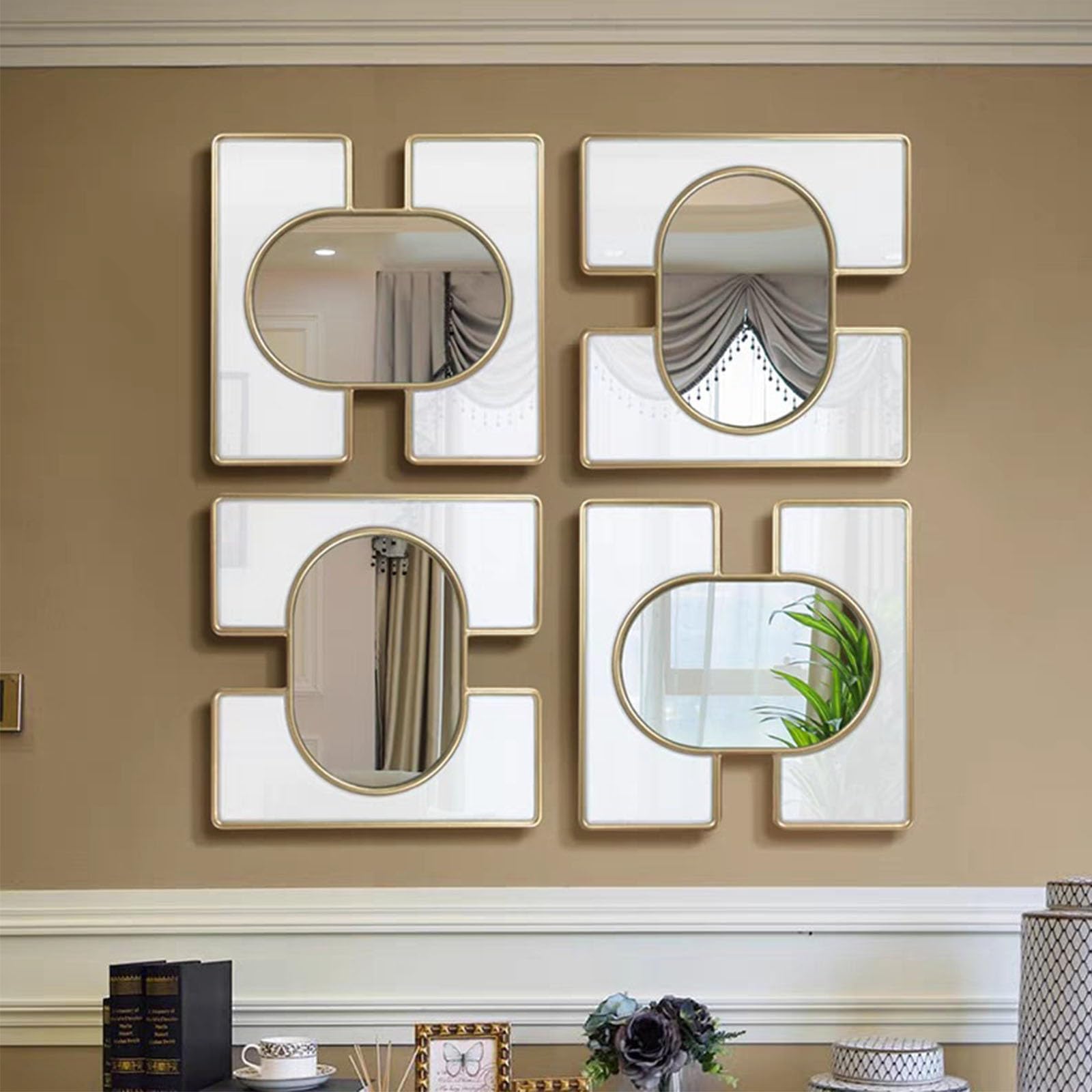 DAJIAYIQI Gold Mirror Wall Decor, Mirrored Hanging Modern, 3D Creative Wall Art Décor for Home Living Room Bathroom Office(4pcs)