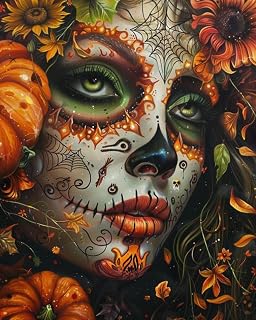 Paint by Number Day of the Dead Halloween Woman Painting DIY Painting Canvas with Brushes Acrylic Paints Pumpkin Spider Web Paint by Numbers for Adults and Kids Beginner 16x20 Inch(without Frame)
