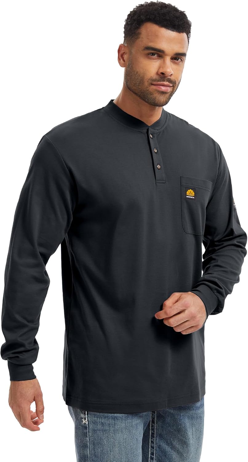 WORKWEYA 6.5oz Flame Resistant Henley Shirt 100% Cotton Lightweight FR Shirts for Men