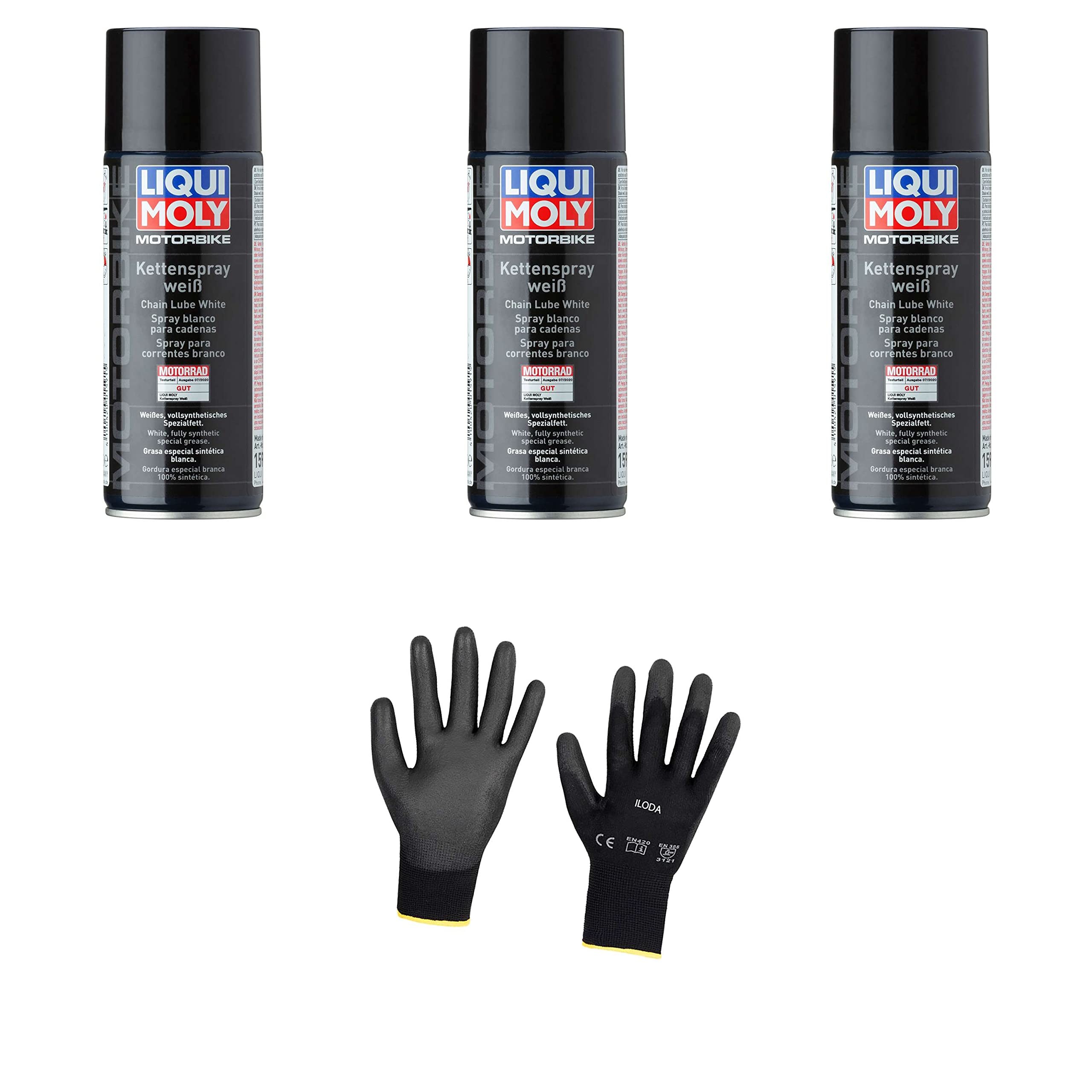 3xOriginal Liqui Moly 400ml Motorbike Kettenspray weiß 1591 Schutzhandschuhe