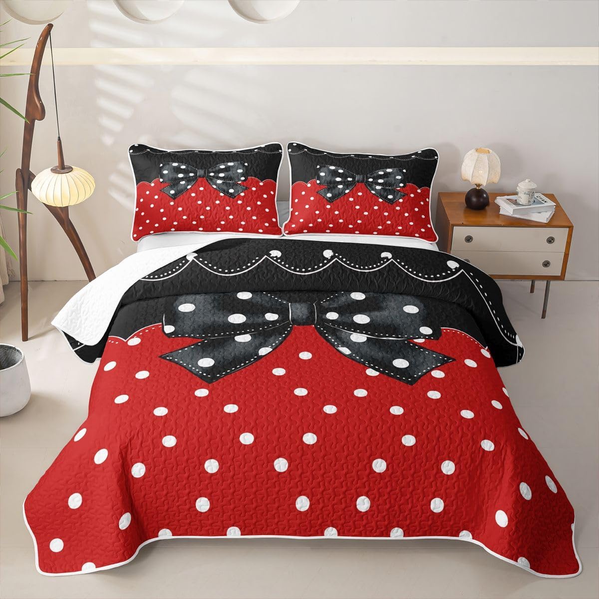 Feelyou Red Polka Dots Bowknot Quilts for Twin Bed Kawaii Bow Tie Bedspreads Soft Bed Summer Lightweight Comforter Girls Princess Coverlet All Season 2 Pieces (1 Quilt, 1 Pillowcase) Bedding Set