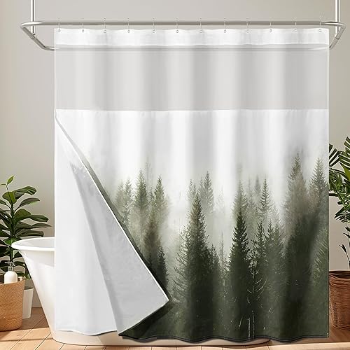 ORTIGIA Misty Forest - Cortina de ducha con forro para baño, juego de cortina de ducha natural de doble capa verde oscuro con ventana superior