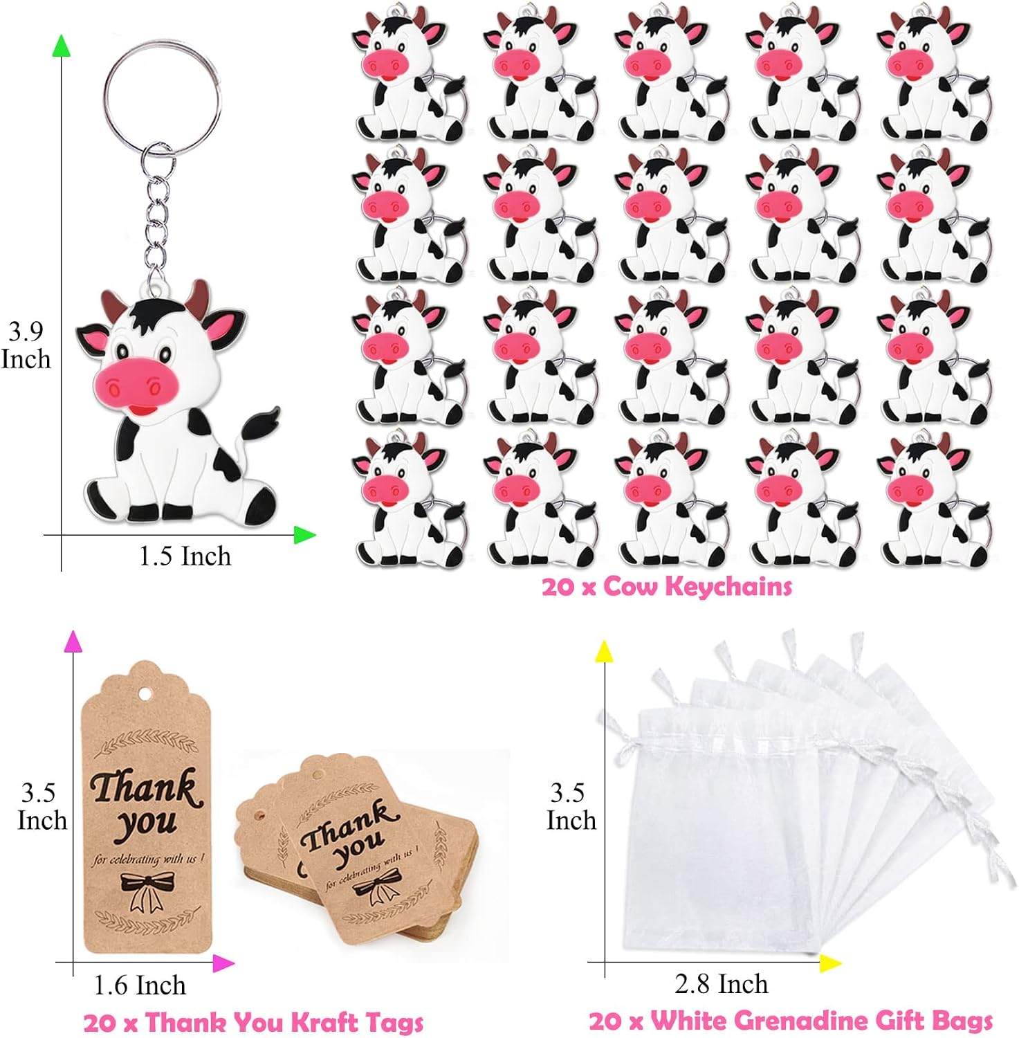 CiciBear 60 Pack Cow Party Decorations for Guests, 20 Cow Keychains, 20 Tags and 20 Gift Bags for Farm Animal Themed Baby Shower, Kids Birthday Party Favor