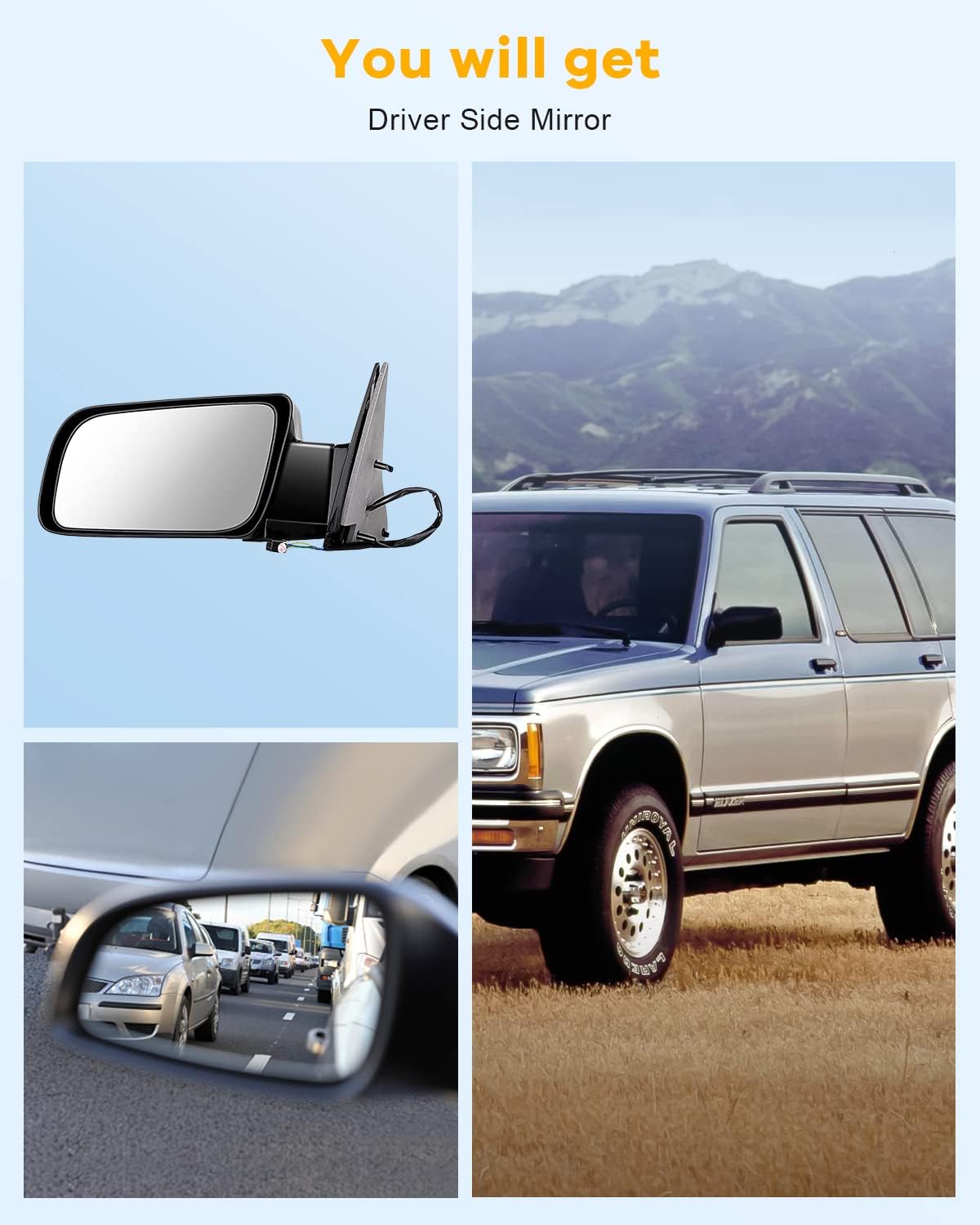 Side Mirror Fit for 1992-1994 For Chevy Blazer 1988-1999 Pickup Truck 1992-1999 Suburban 1995-2000 Tahoe Manual Fold Non-heated 1 Piece of Mirror Driver Side Power adjustment Exterior Mirror