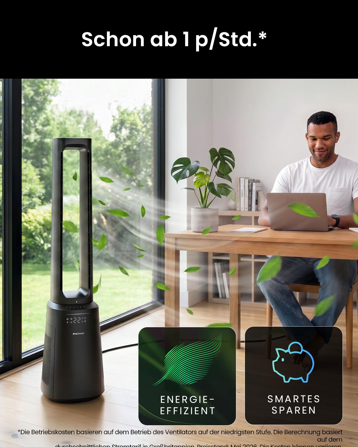 Pro Breeze OmniAir 105cm Turmventilator mit Luftreiniger, HEPA 13 Filter, WLAN, App, 10 Geschwindigkeiten, 5 Modi, Auto 75° Oszillation