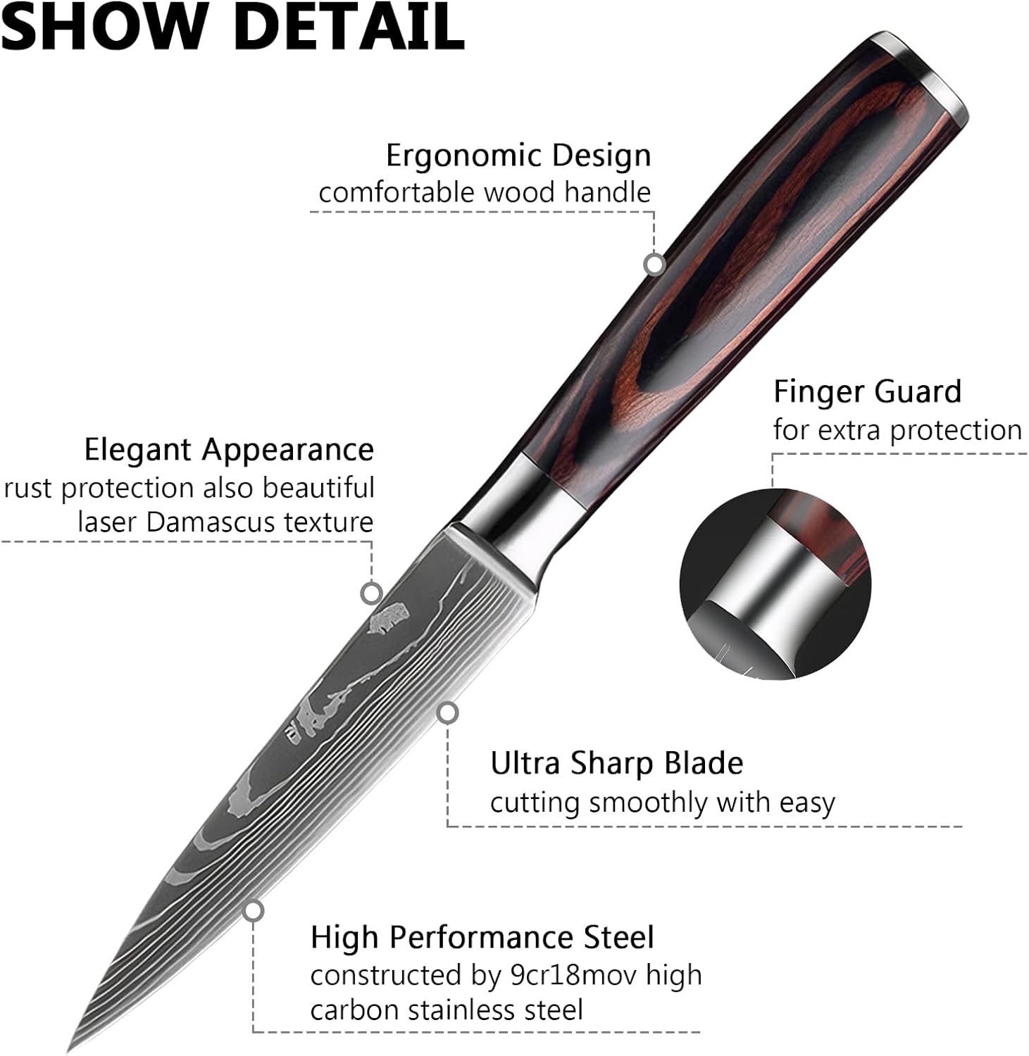 5 inch Utility knife, Carbon Stainless Steel Kitchen Knife Handle Fruit Knife for Carving & Paring