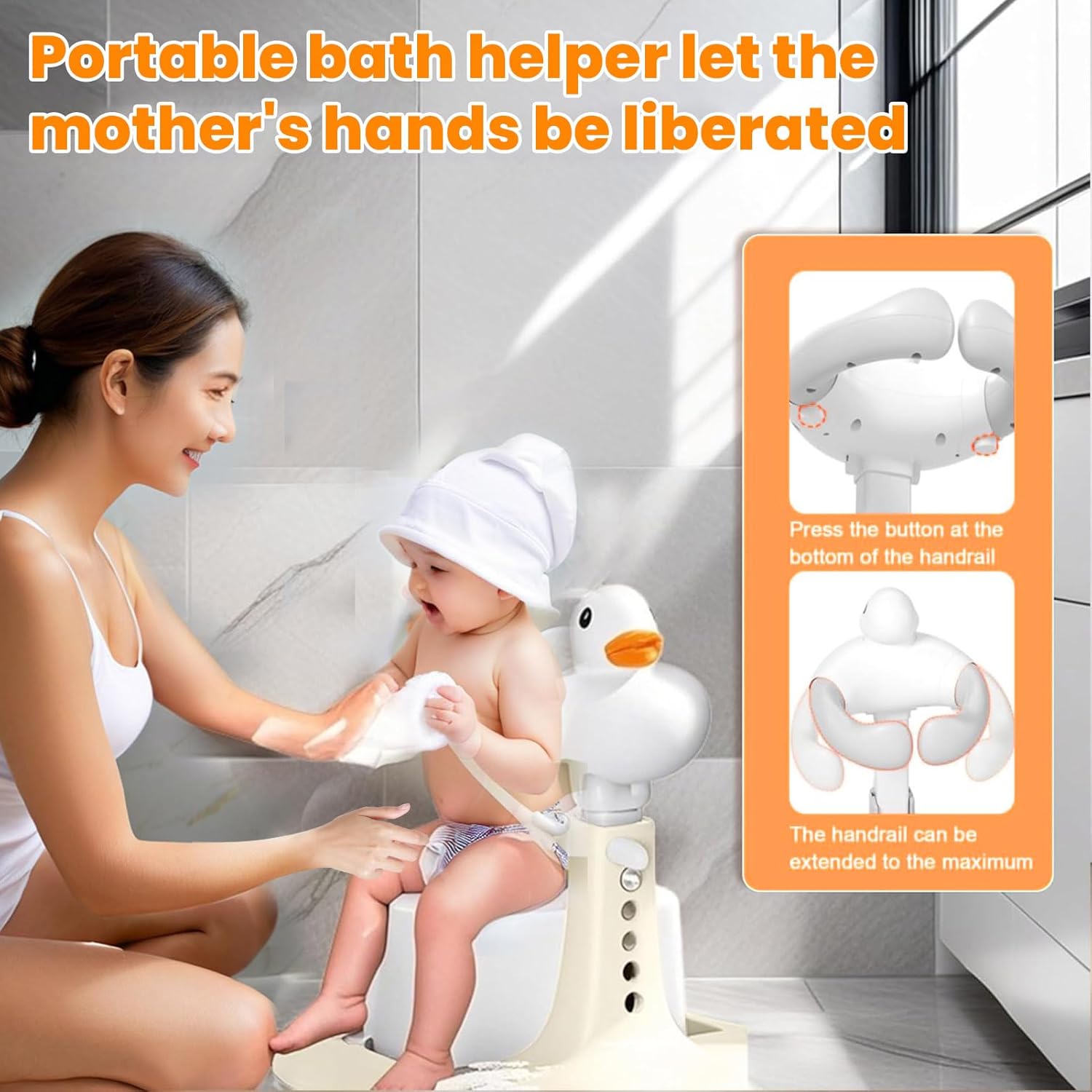 Baby Shower Stand with Adjustable Height & Anti-Slip Base, Bath Shower Standing Support, Soporte para Bañera de Bebé,Portable Toddler Shower Stand Assist Holder for Infants 8-36 Months (White Duck)