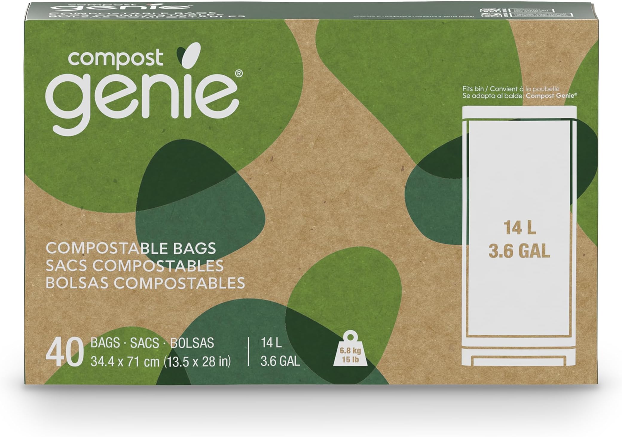 Compost Genie 3.6 Gallon Compostable Bags, 40 Count, Sturdy for Food Waste, Compatible with Kitchen Compost Genie Bins, ASTM D6400 Certified