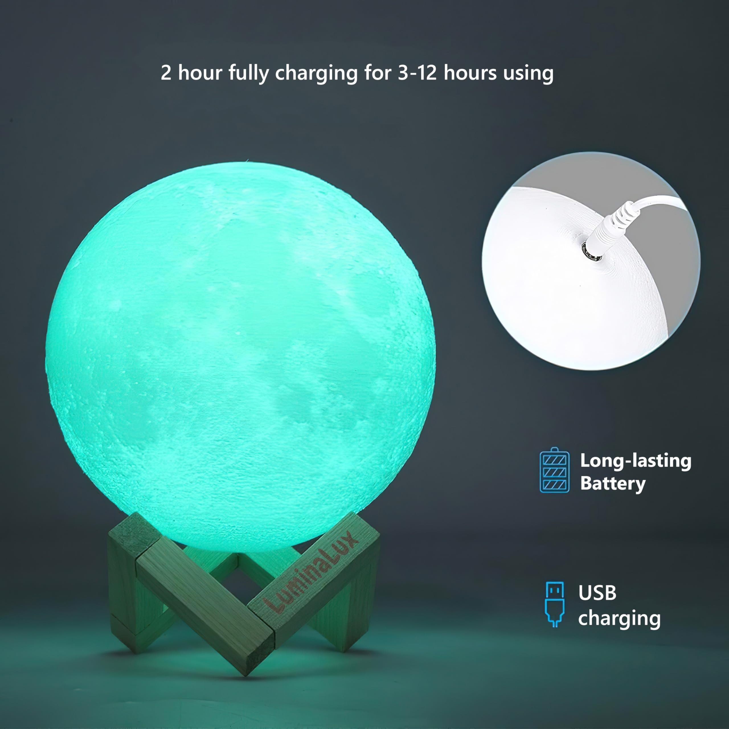 LuminaLux Moon Lamp 2025 3D Printing Night Light 16 Colors RGB LED with Wooden Stand Remote & Touch Control Dimmable USB Rechargeable Gift for Bedroom Living Room - Image 4