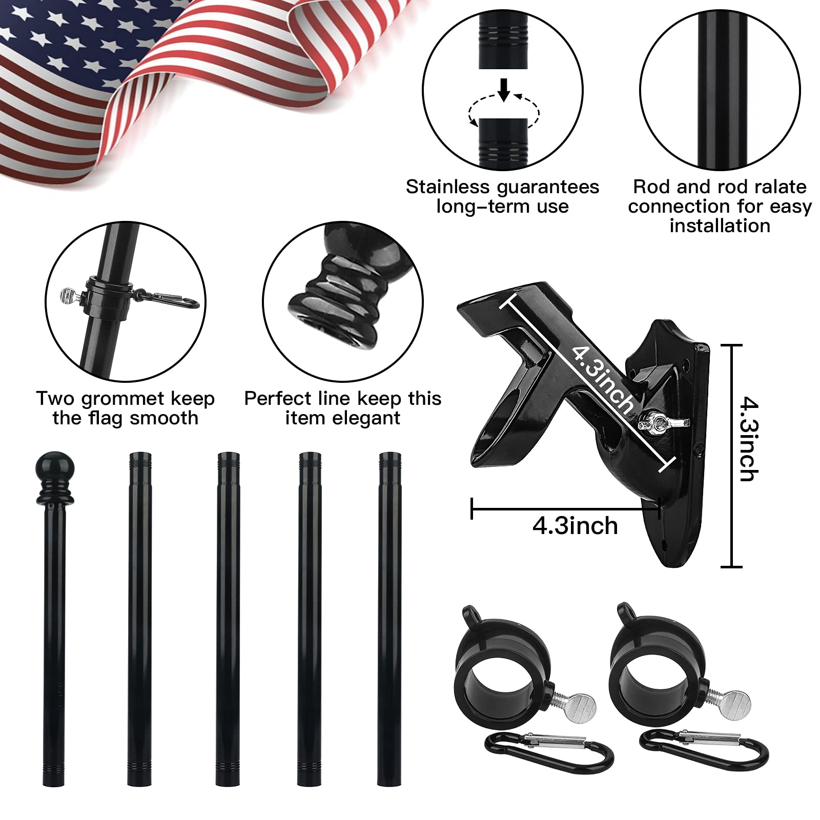 Flag Pole Kit, 6FT Stainless Steel Flag Pole for House with Bracket Tangle Free American Flagpole for Outside Residential Roof Porch Garden Yard Truck Commercial (Black Flag Pole with Black Holder)