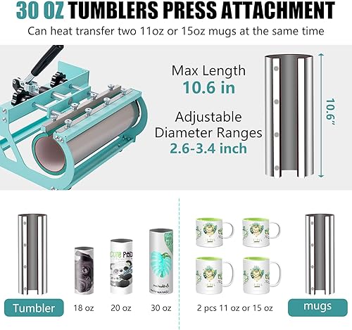 Miniatura 5 de Prensa de calor de 15 x 15 pulgadas, máquina de prensa de calor 8 en 1 con accesorio de vaso de 30 onzas, máquina de sublimación profesional para