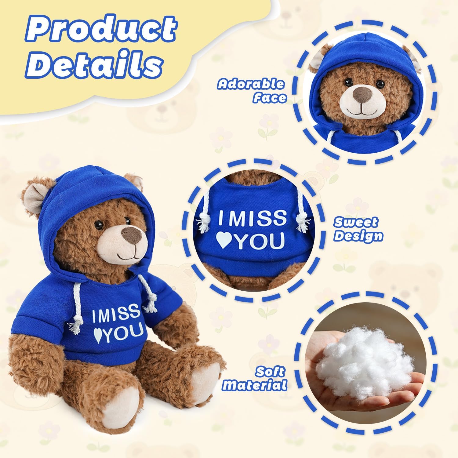 2 Pcs Miss You Teddy Bears Plush Dolls 8.7" Stuffed Bear Animal Set Hoodie-Wearing Bear with I Miss You Valentine’s Cozy Bear for Girlfriend Girls Boys Kids Baby Gift (Pink + Blue)