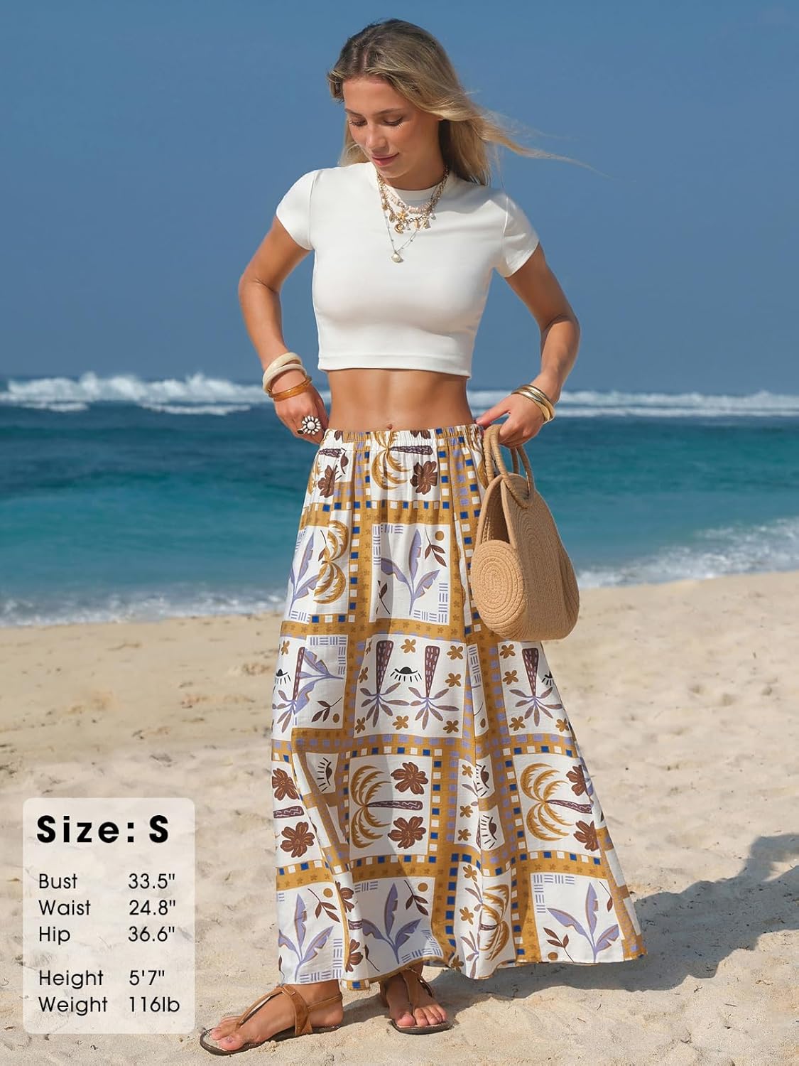 EXLURA Womens Summer Elastic Waist Floral Print Maxi Long Skirt Midi Flowy Skirt Spring Boho Beach Vacation Outfits Pockets - Image 4