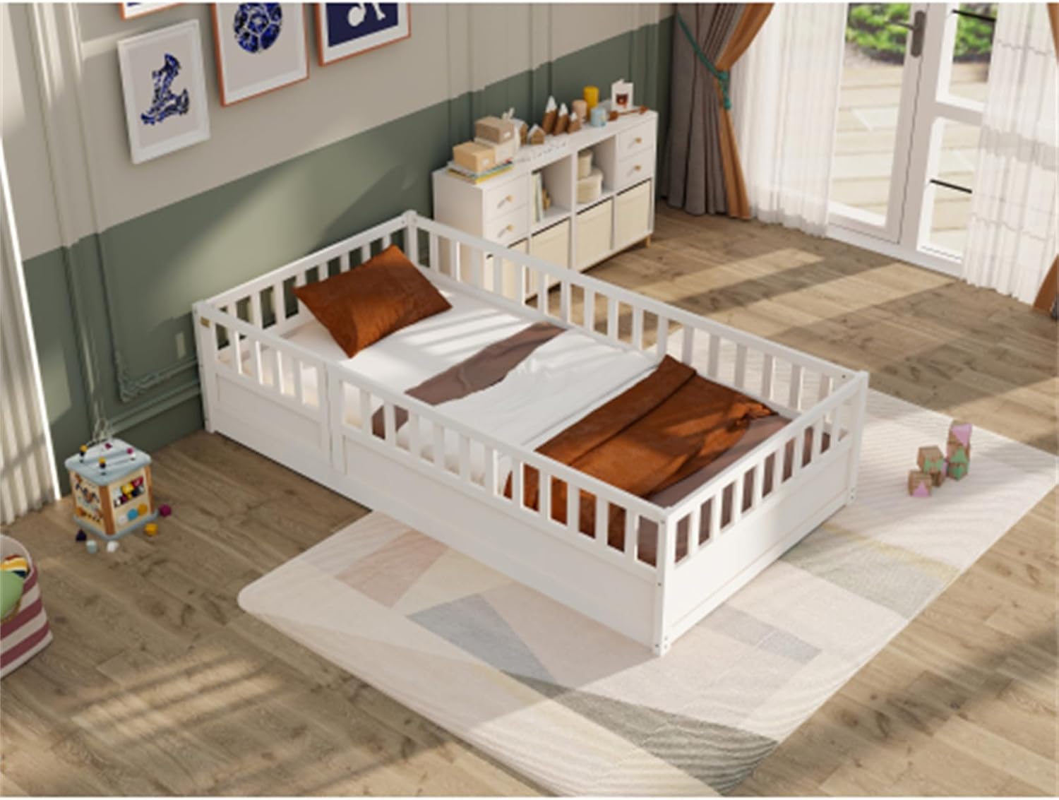 Twin Size Floor Bed, Integral Construction with Super high Security Barrier, Door, Children's Floor Bed Frame, Montessori Wooden Children's Floor Bed, White